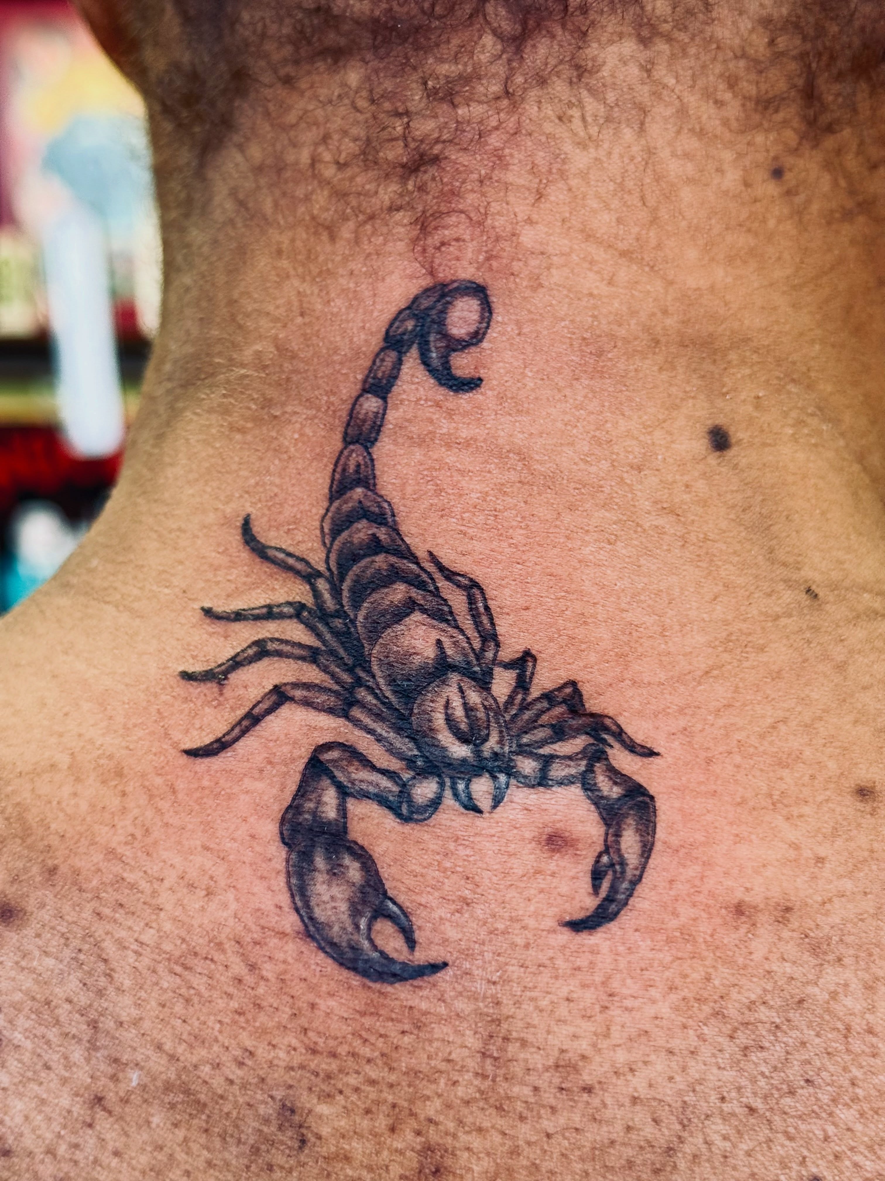 Scorpion black and grey tattoo on the neck by Ink Napawong