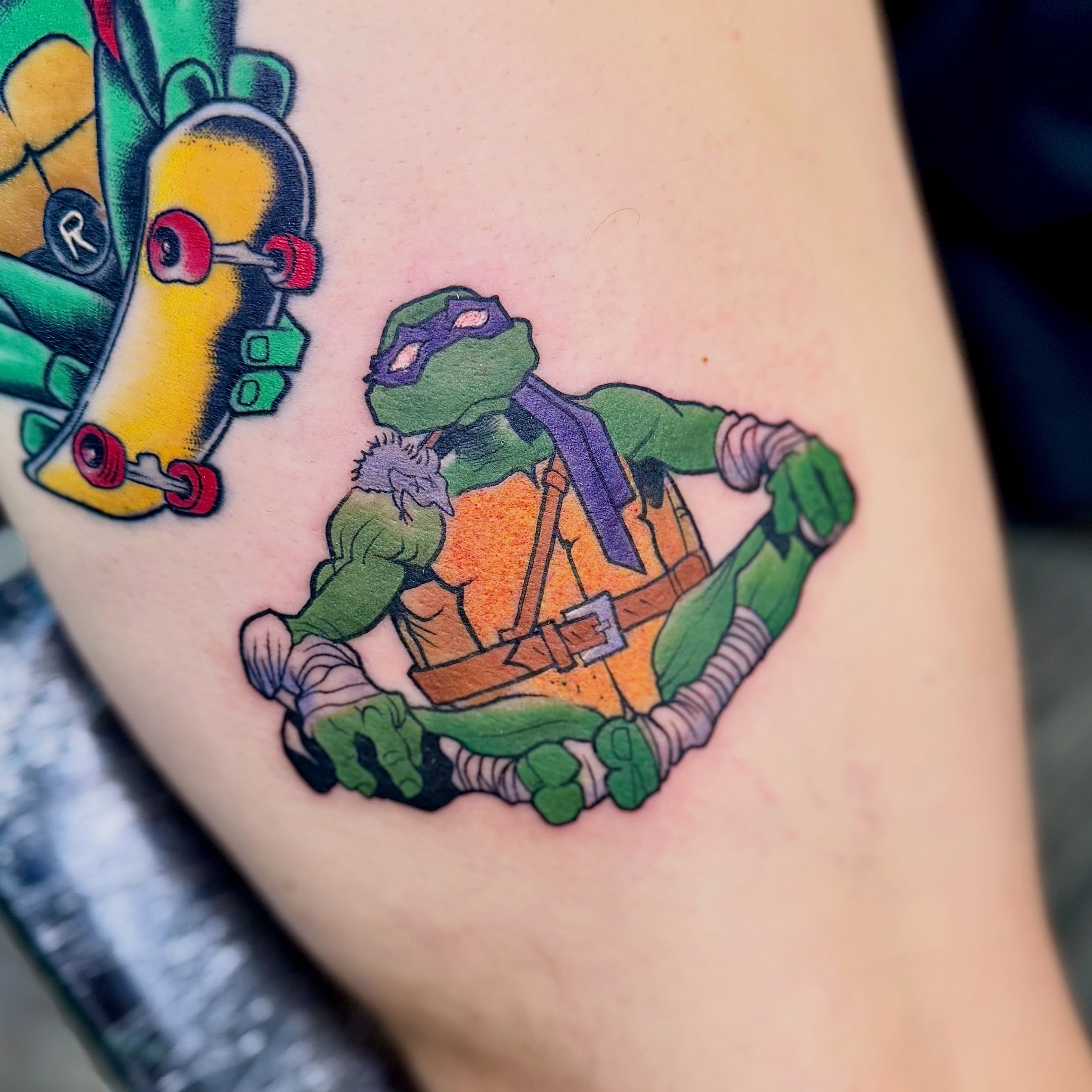 Teenage mutant ninja turtle American traditional tattoo on the thigh by Jamie Hall, Kansas City, Missouri