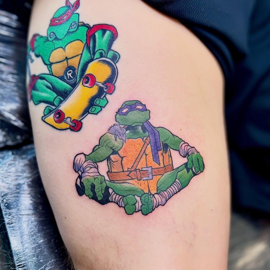 Teenage mutant ninja turtles American traditional tattoo on the thigh by Jamie Hall, Kansas City, Missouri