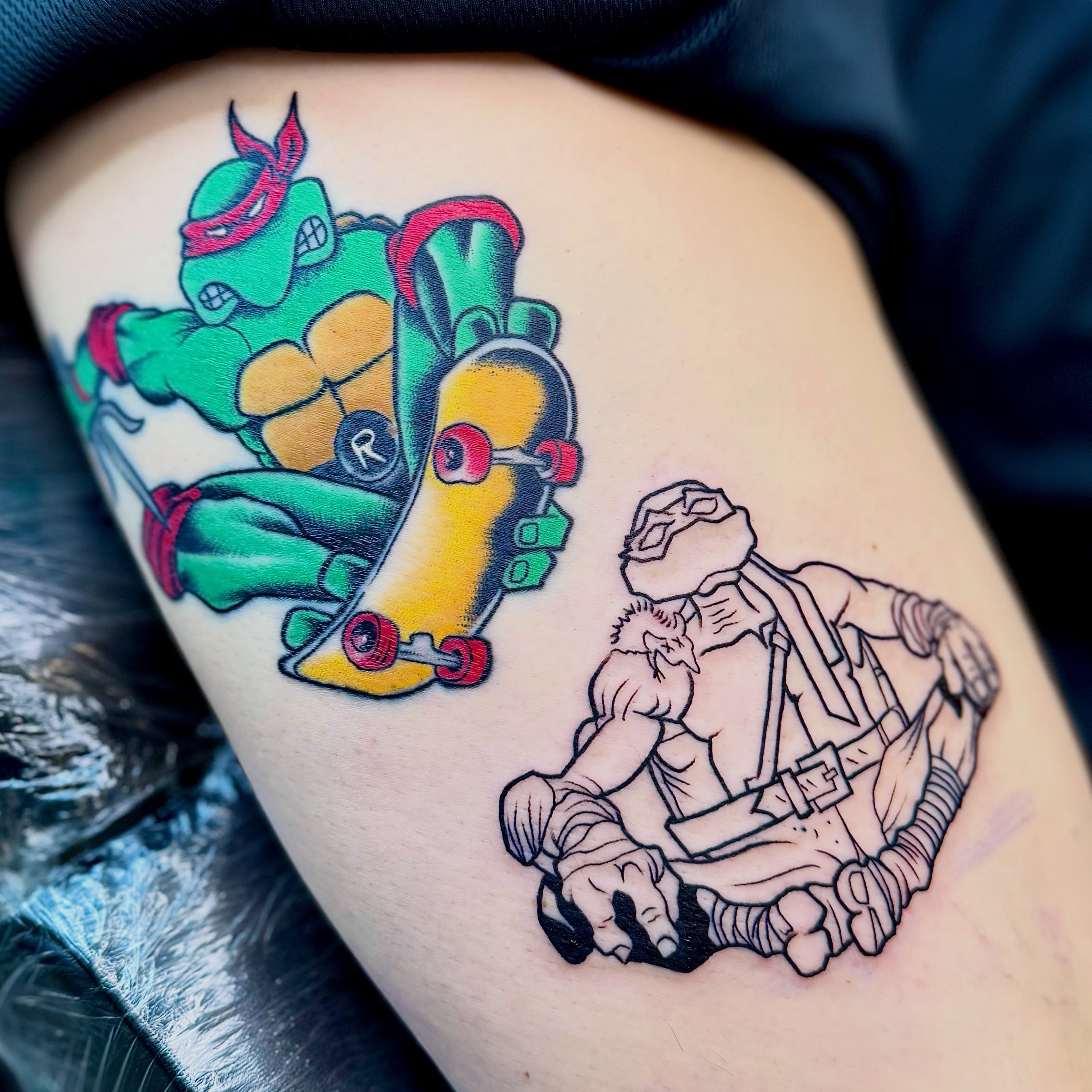 Teenage mutant ninja turtles American traditional tattoo on the thigh by Jamie Hall, Kansas City, Missouri