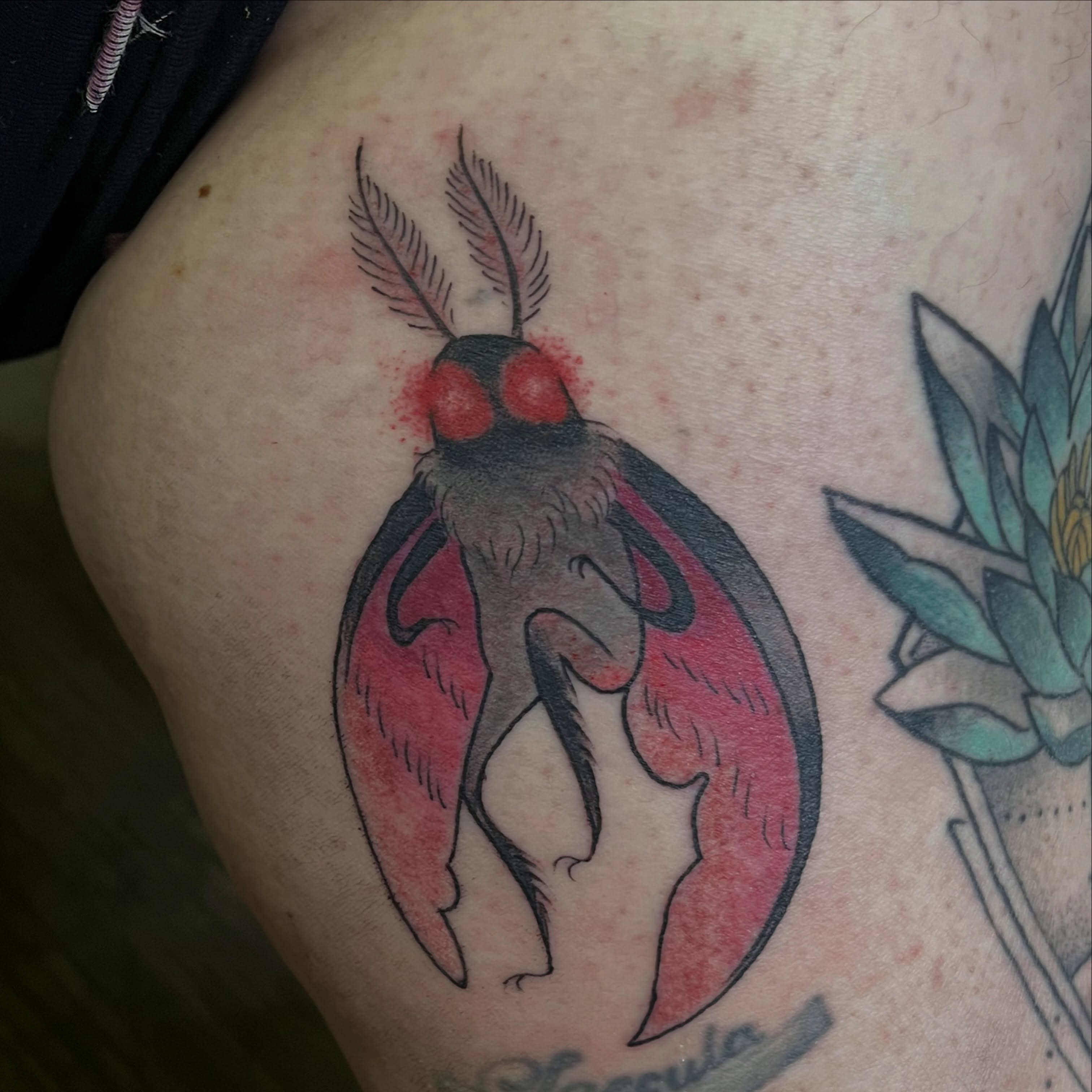 Moth dotwork tattoo on the thigh by Lacey B, Portland, Oregon