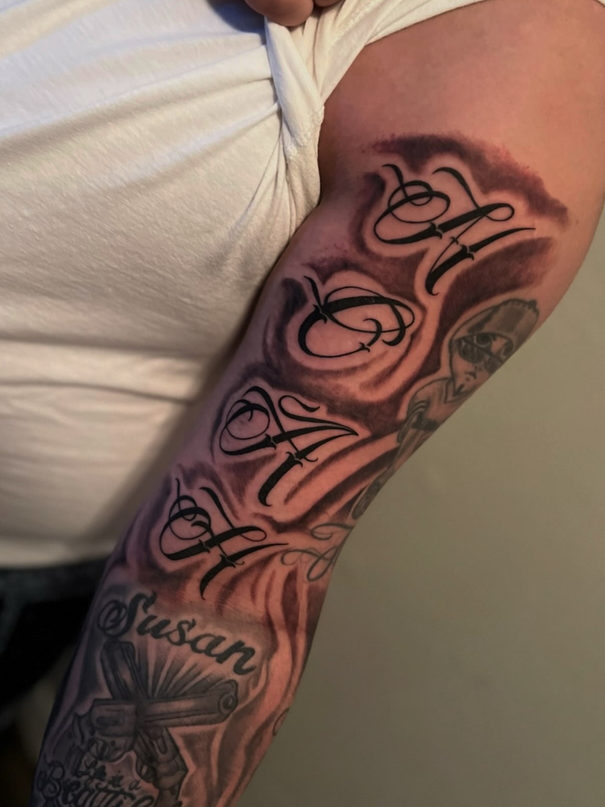 Script lettering lettering script tattoo on the forearm by Royal Martinez