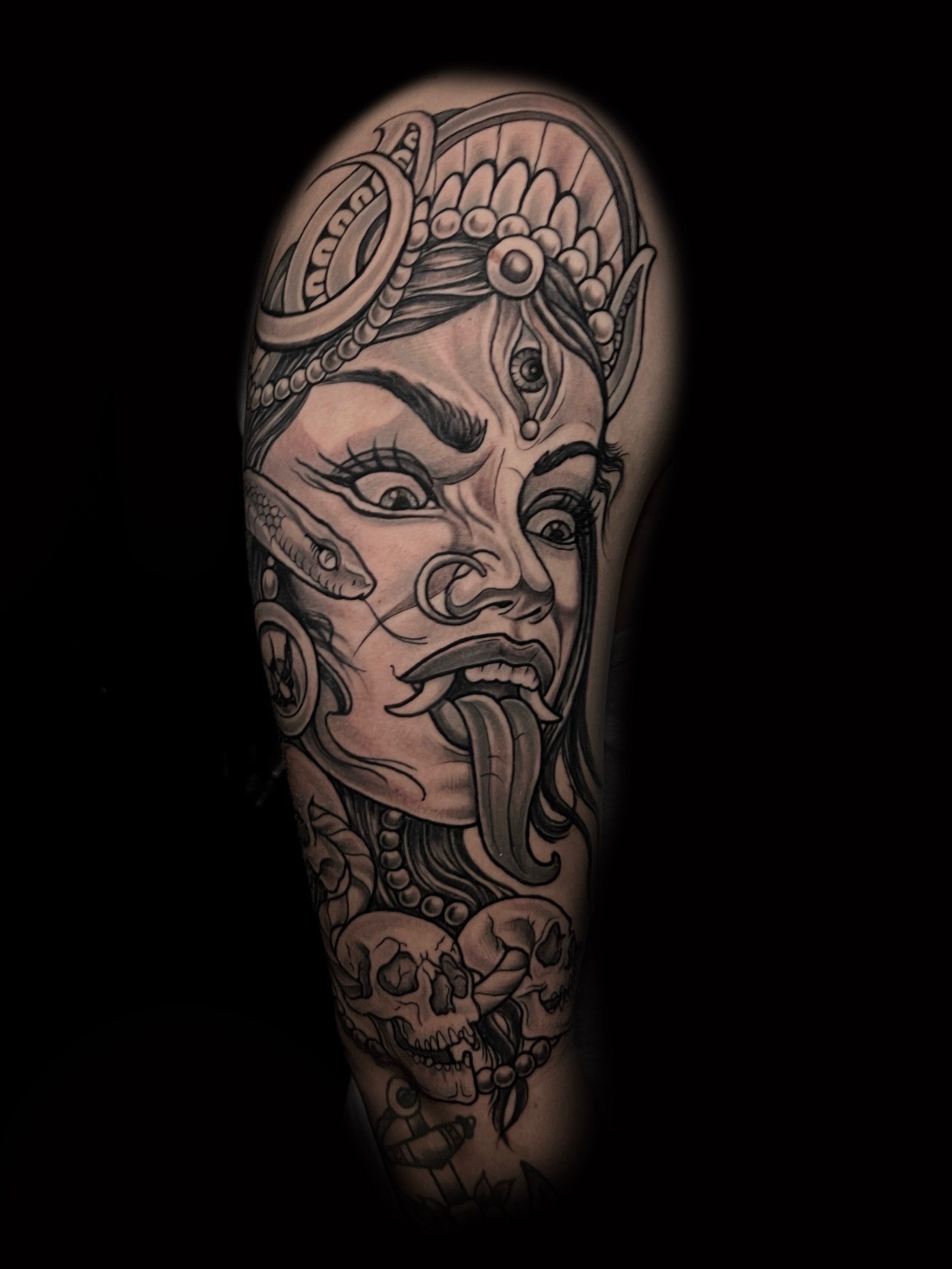 Woman with snake American traditional tattoo on the forearm by Alex