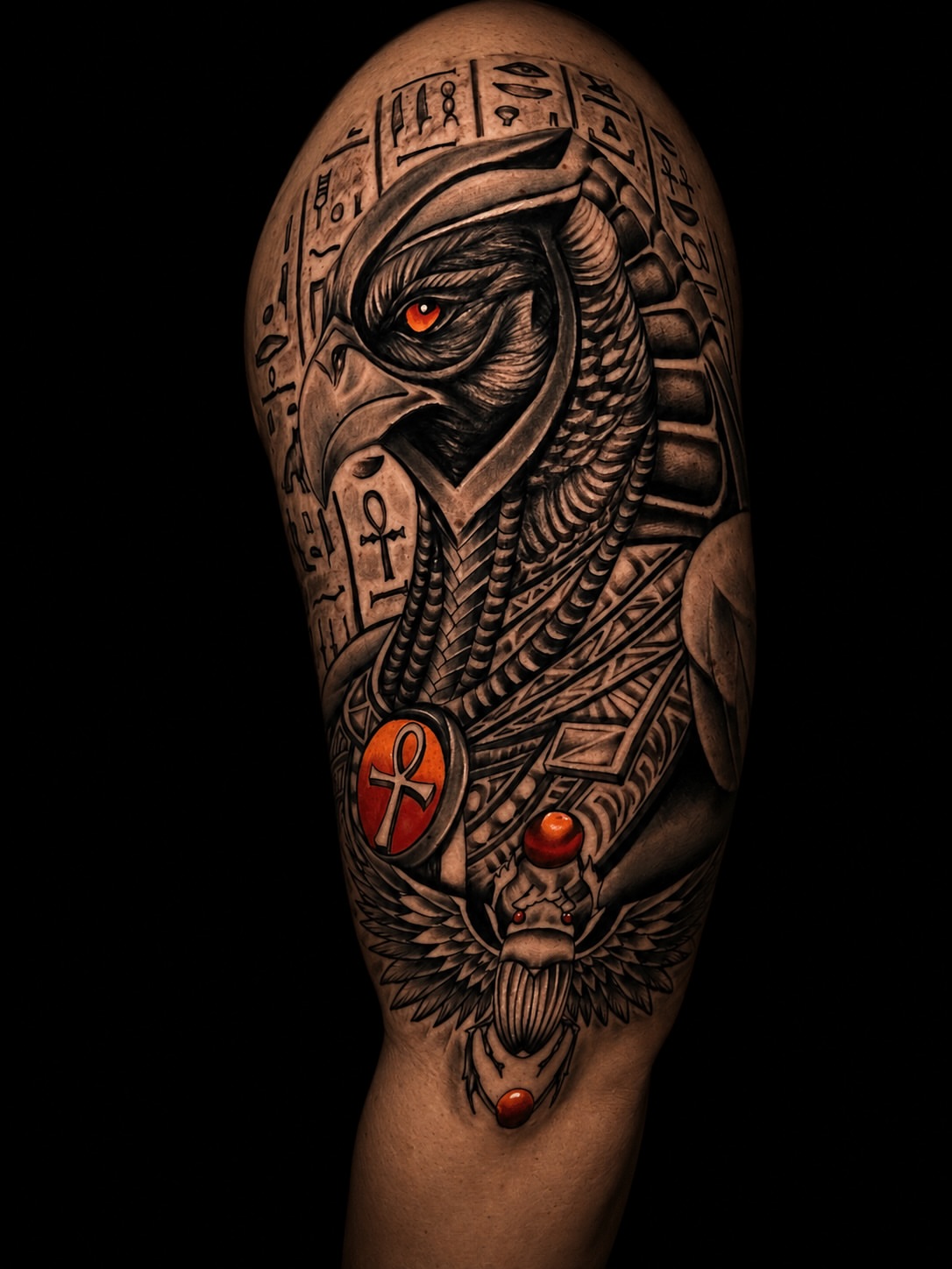 Hawk-headed god realism tattoo on the shoulder by Alex