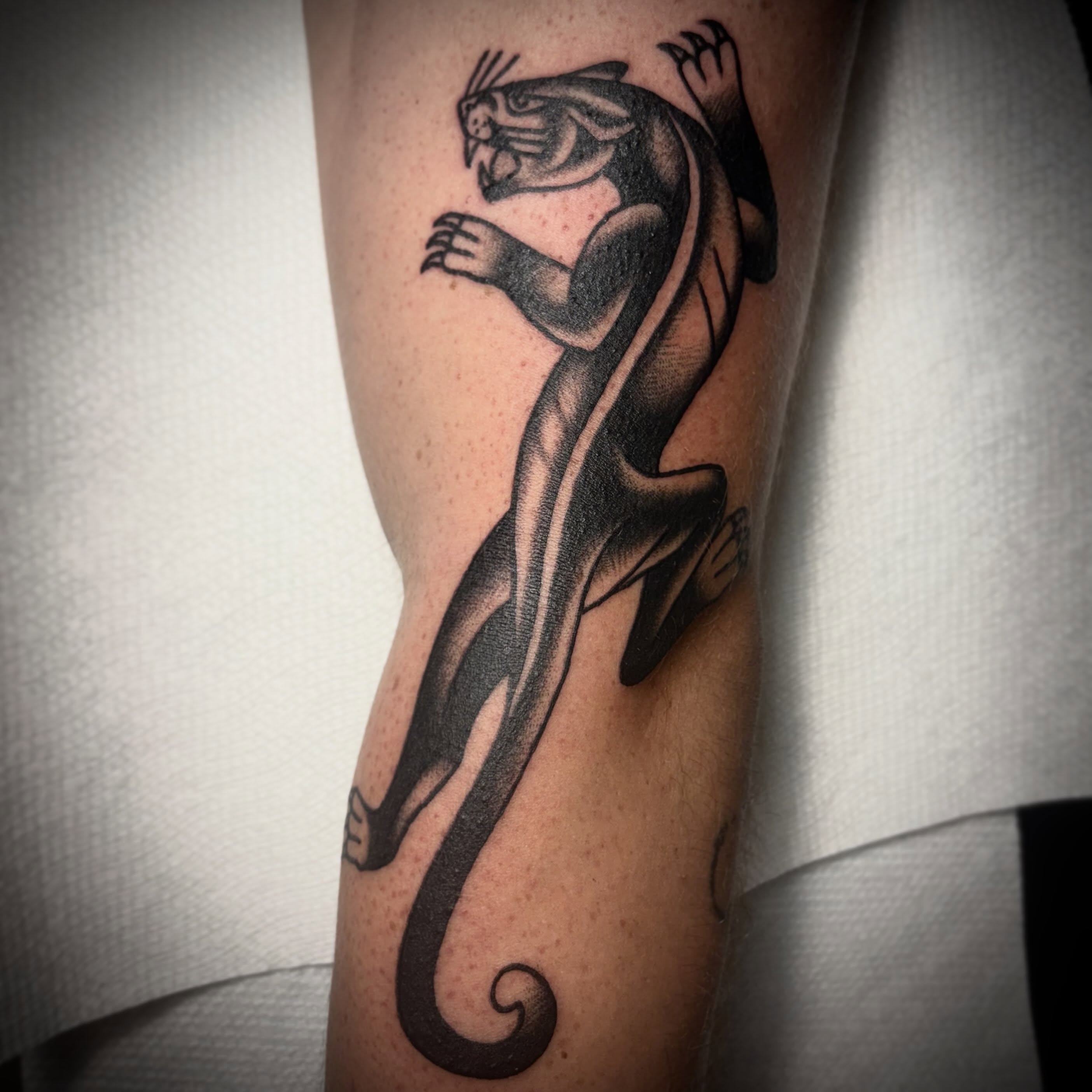 Panther black and grey tattoo on the forearm by Danny DiBlasi, San Francisco, California