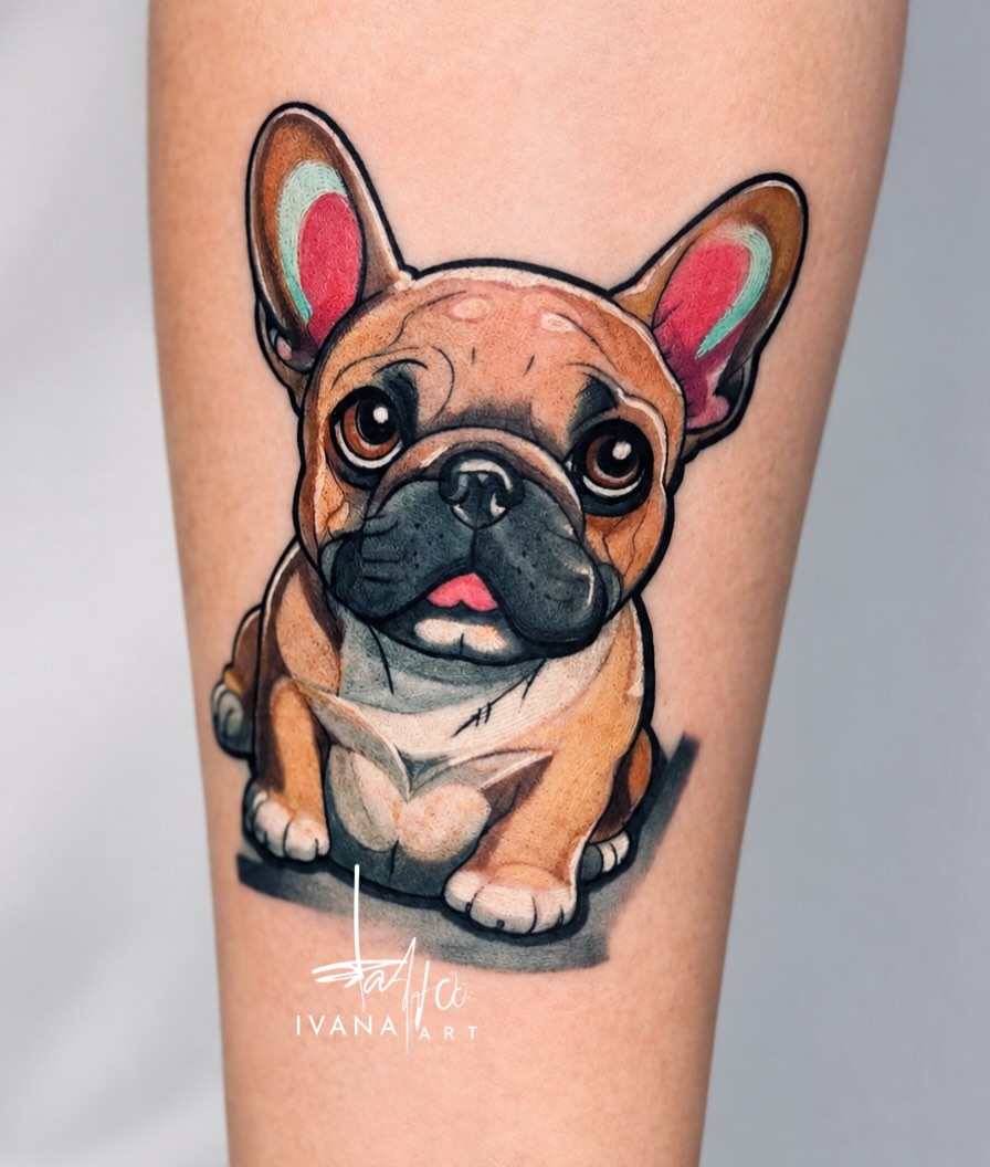 French bulldog realism tattoo on the forearm by Ivana Belakova