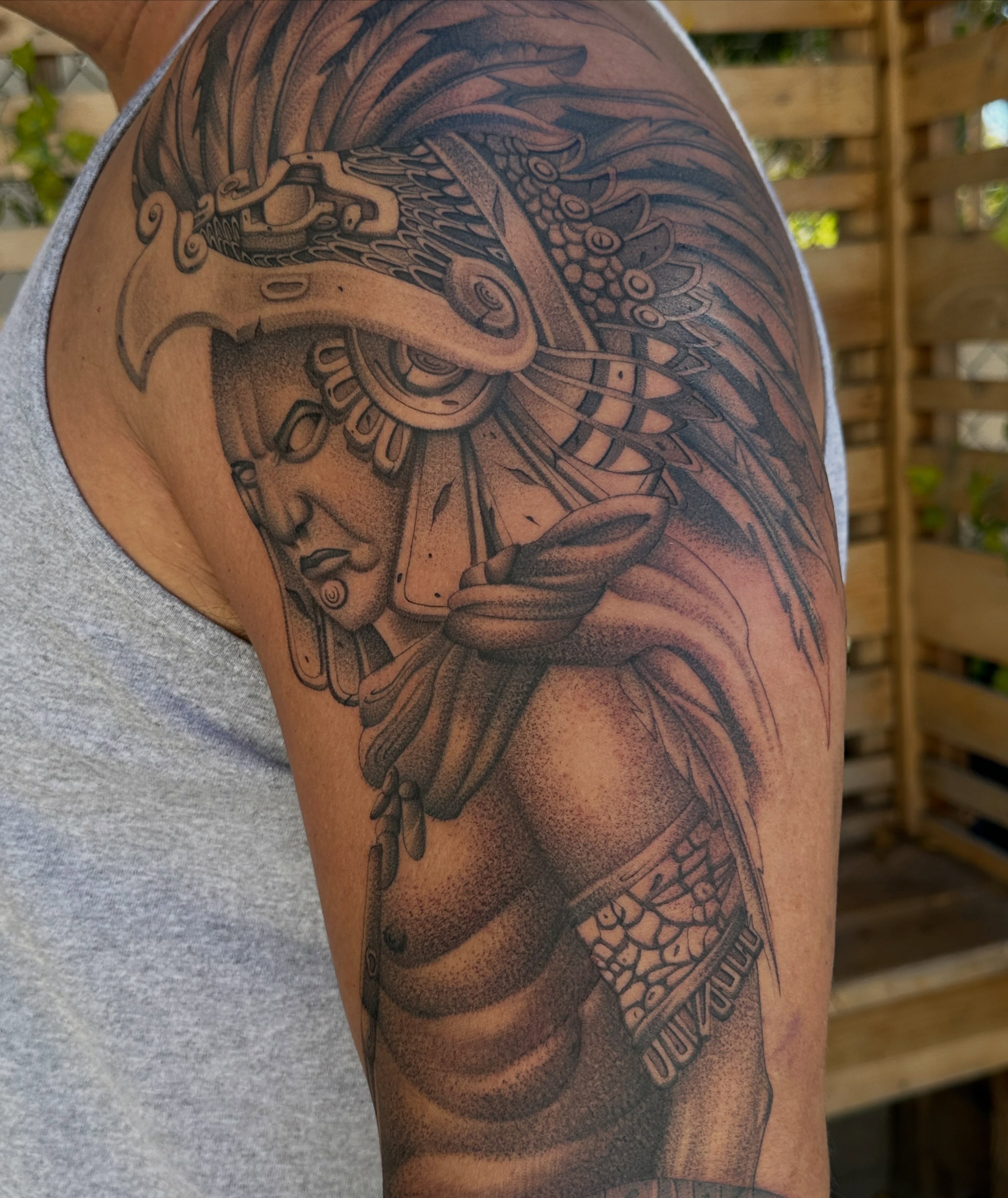 Mexican warrior dotwork tattoo on the shoulder by San Diego Tattoo Artist