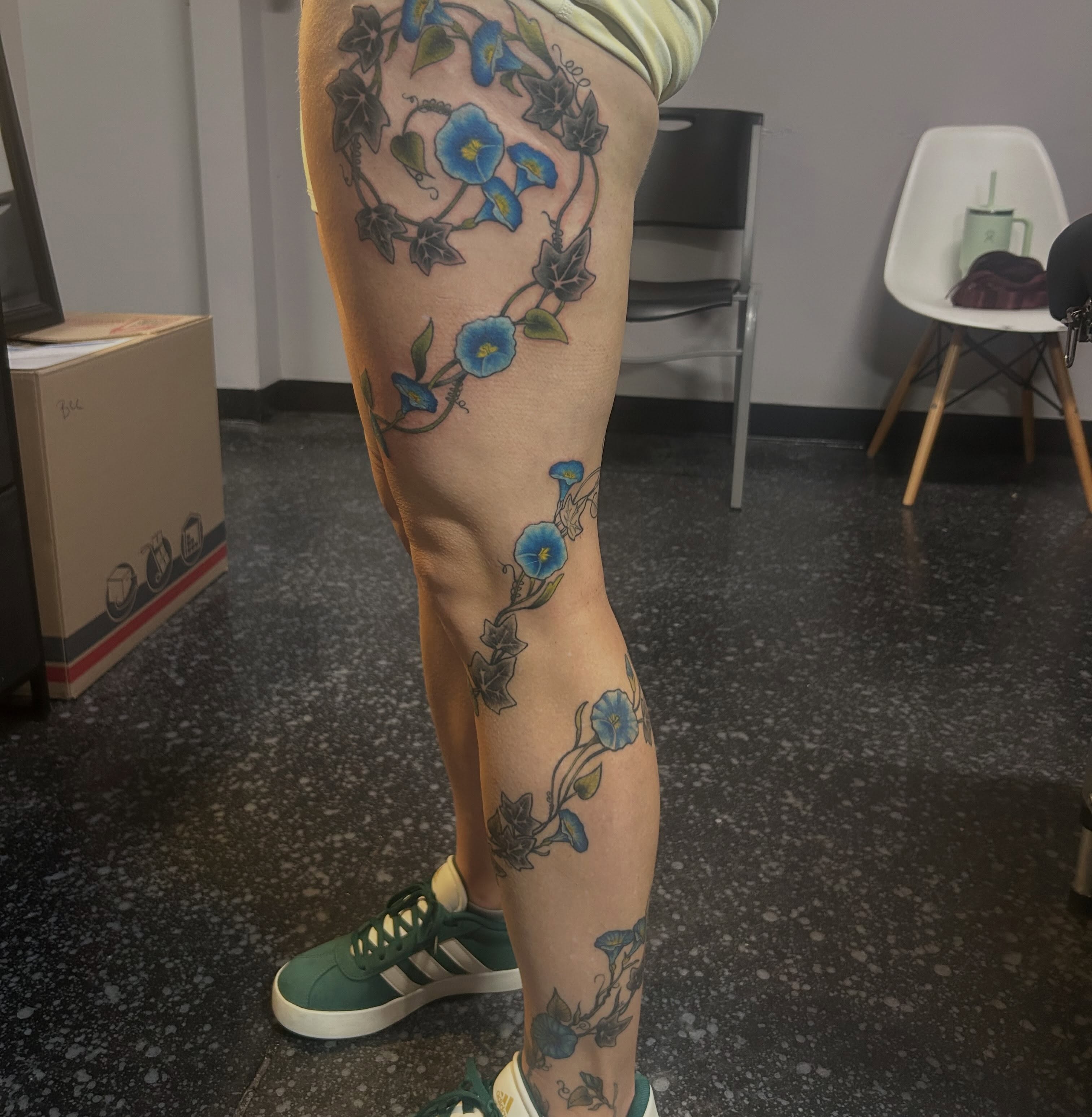 Morning glory vine fine line tattoo on the leg by Jamie Winn