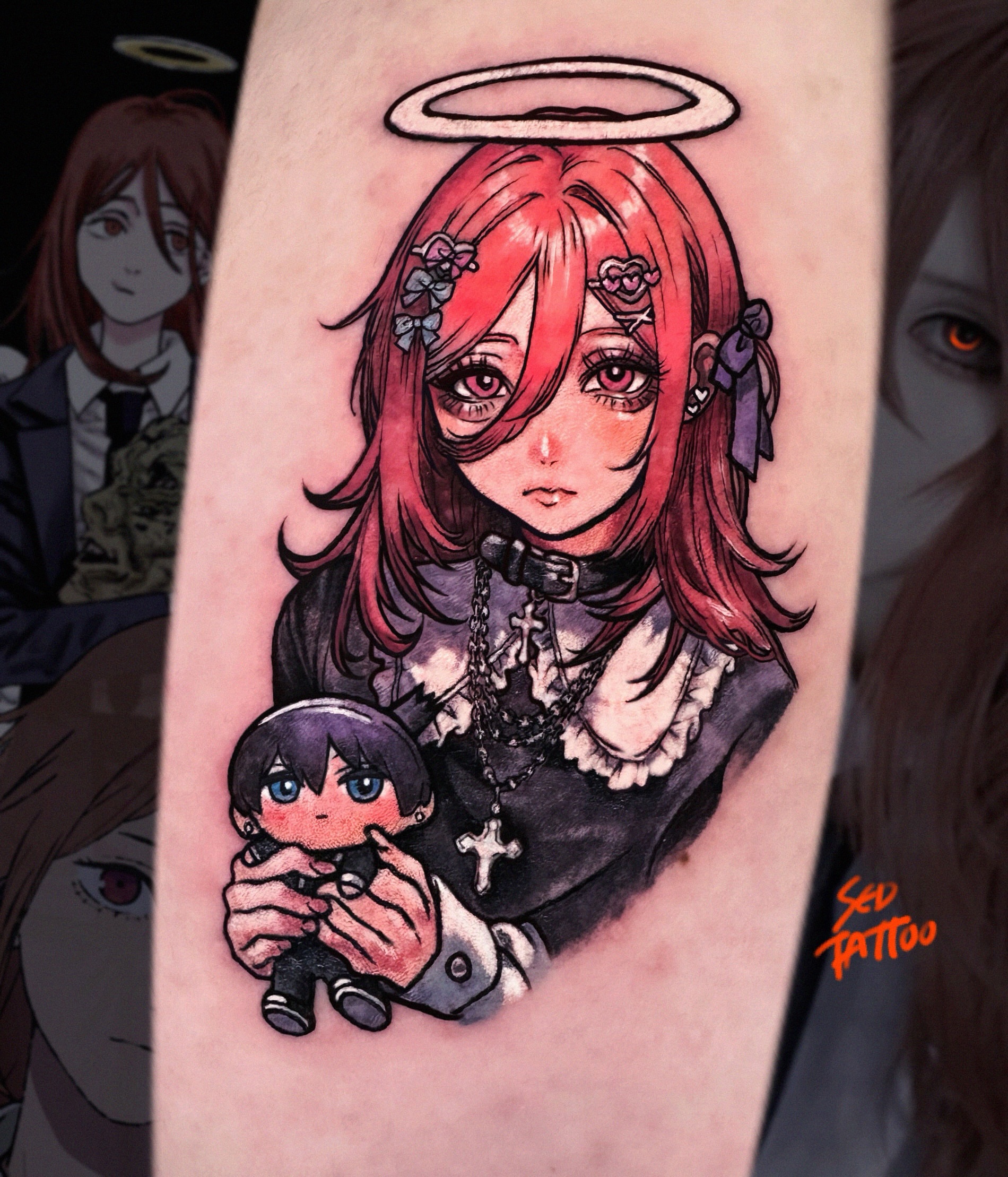 Anime girl with doll anime tattoo on the forearm by Sed
