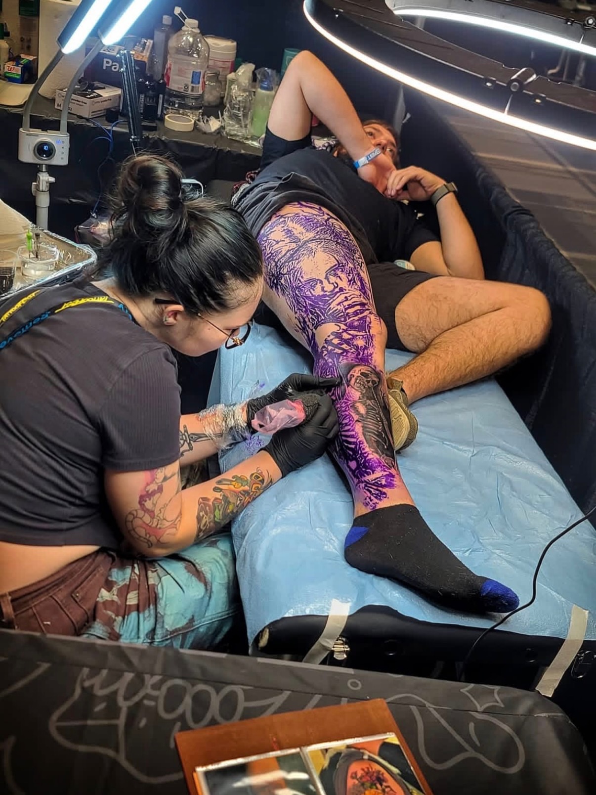 Purple dragon neo-traditional tattoo on the leg by Abbie Kaitlynn Taylor, Dayton, Ohio