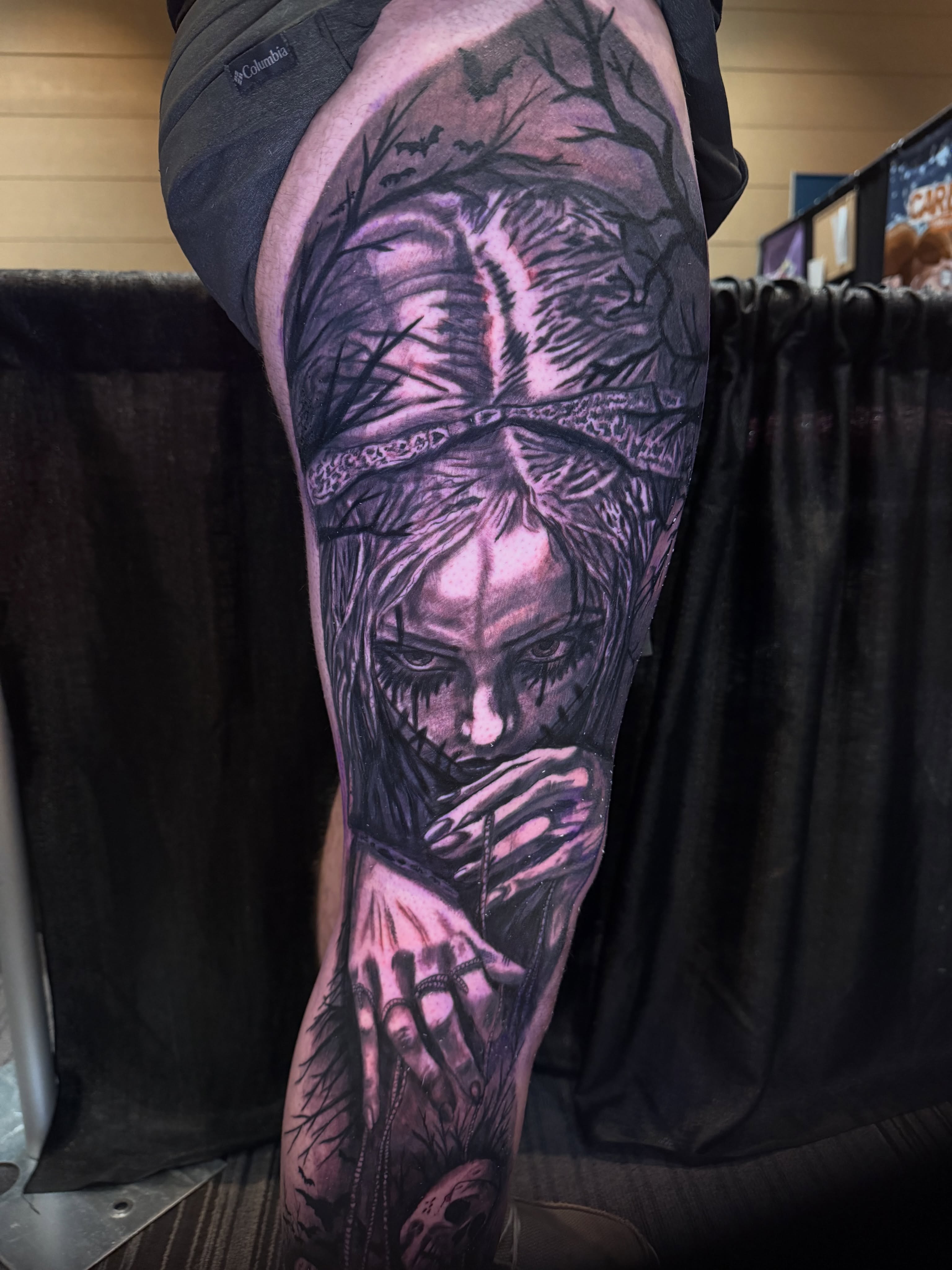 Woman with blindfold dark realism tattoo on the forearm by Abbie Kaitlynn Taylor, Dayton, Ohio