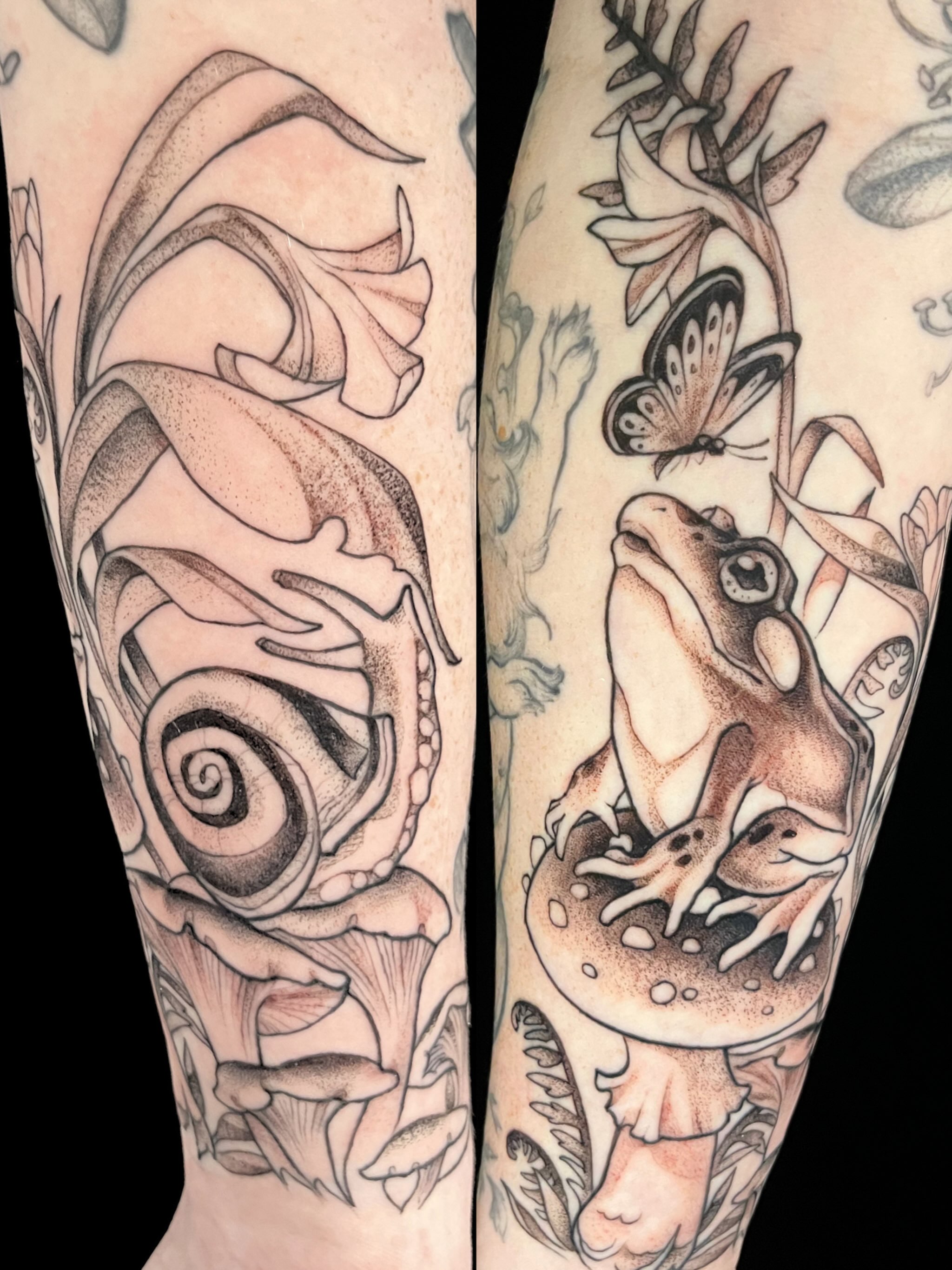 Frog and butterfly realism tattoo on the forearm by Cassandra