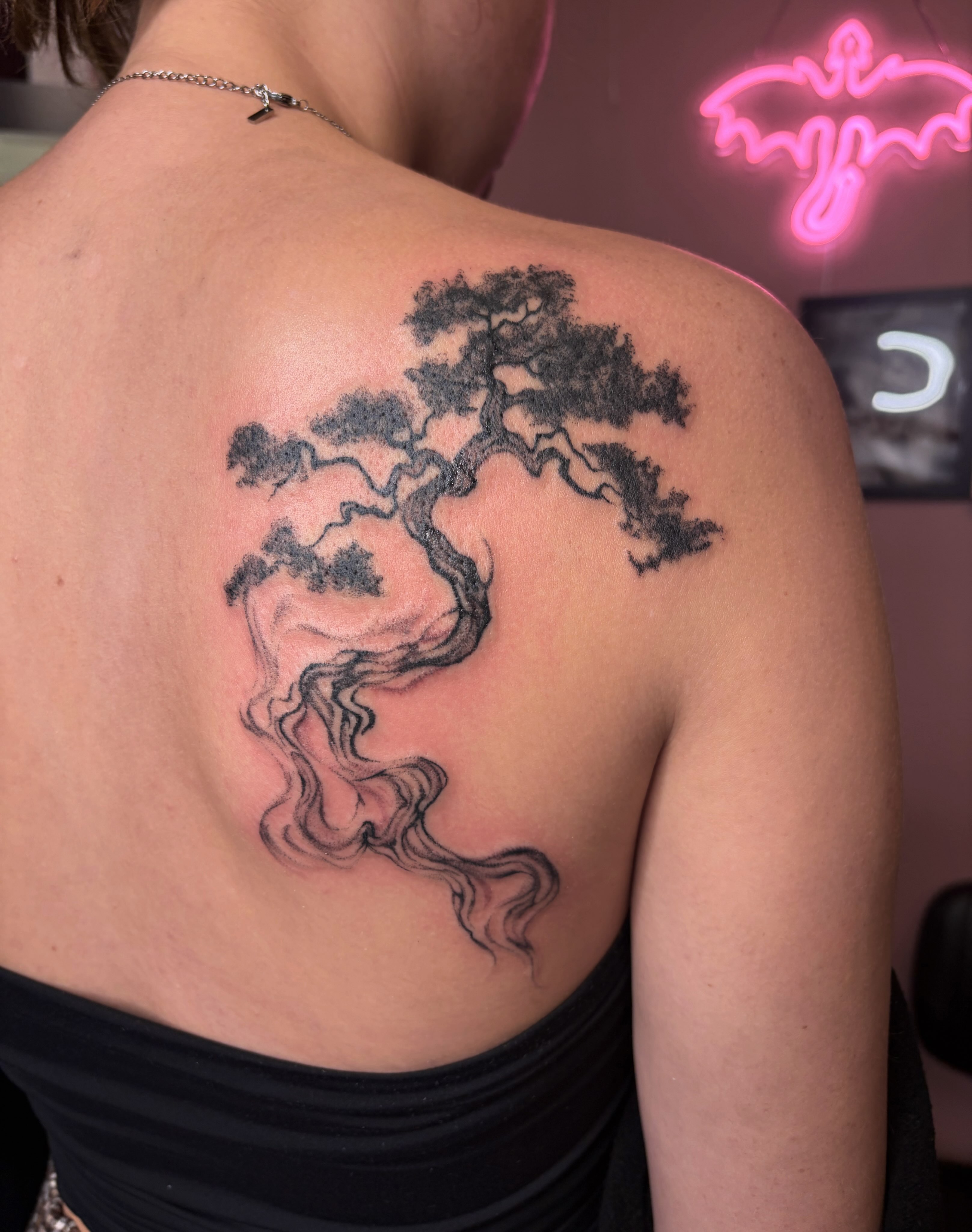 Bonsai tree black and grey tattoo on the shoulder by Mary Hannah Sosdian