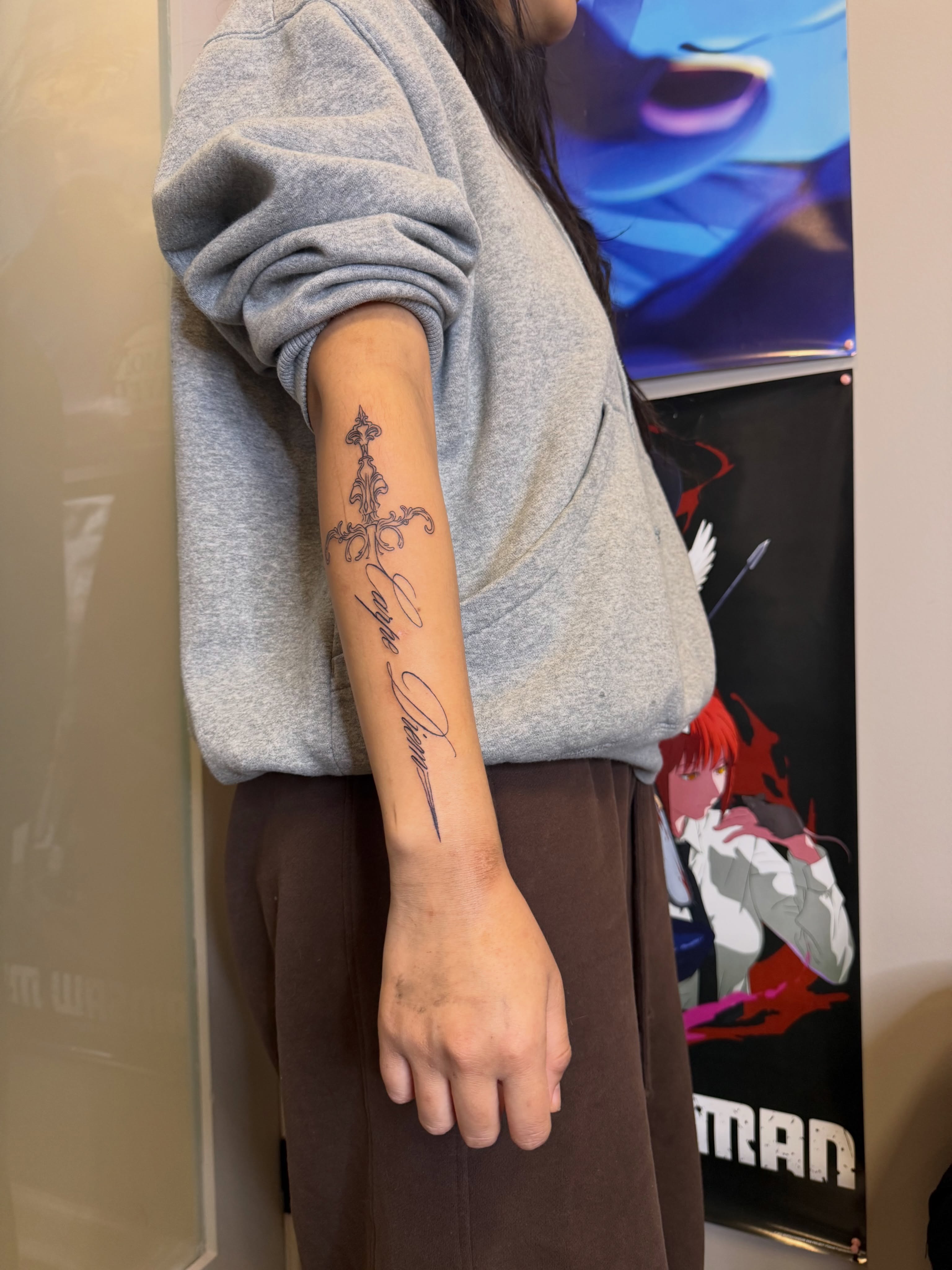Cross with cursive text lettering script tattoo on the forearm by Room 707 Tattoo 🍰🍓