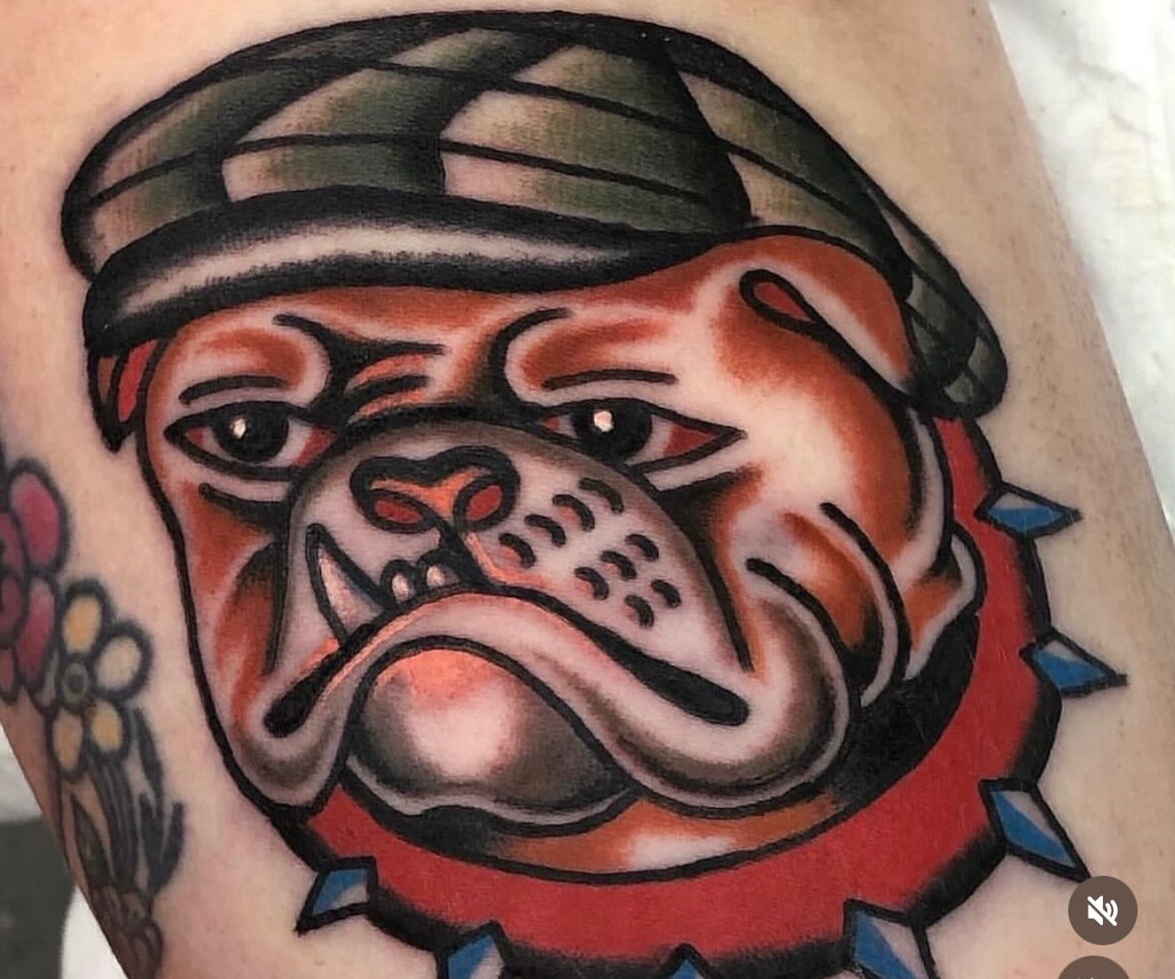 Bulldog wearing a military hat American traditional tattoo on the forearm by dave rash