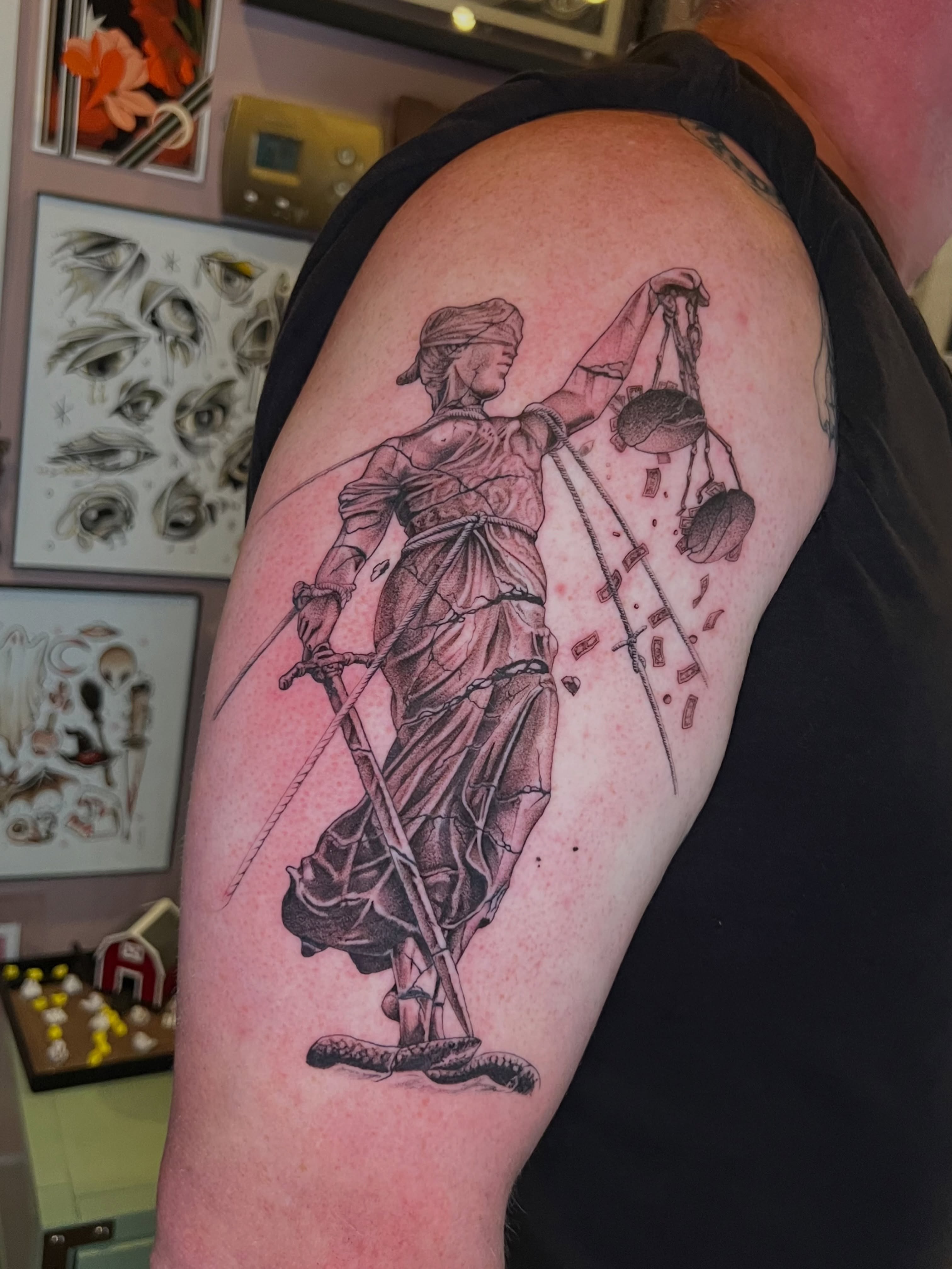 Statue of lady justice dotwork tattoo on the shoulder by Millie, Maryville, Tennessee