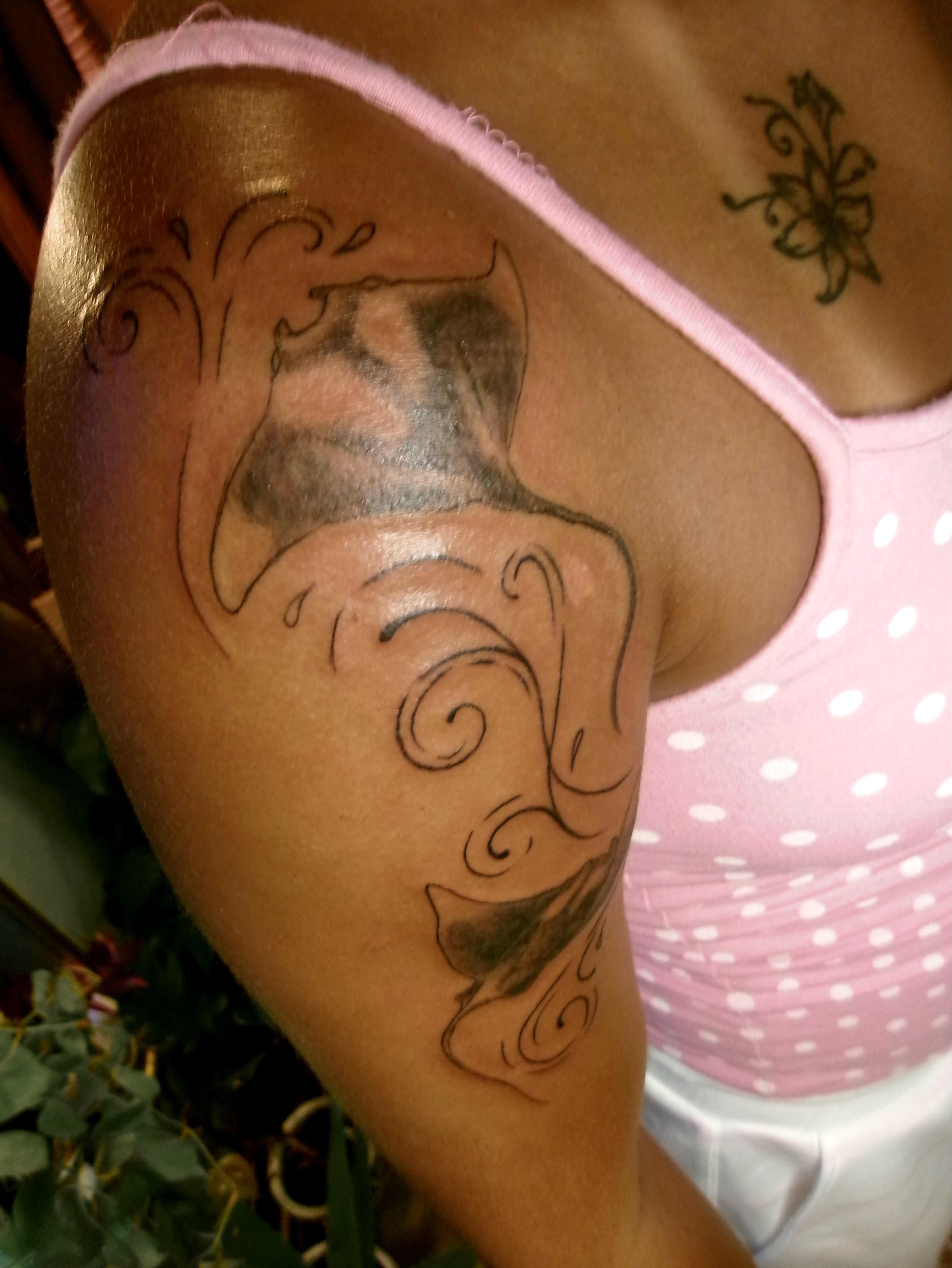 Cat black and grey tattoo on the upper arm by Zo ☆ Moon Snail