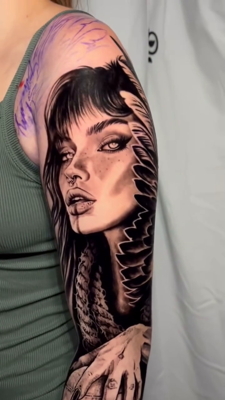 Woman and skull realism tattoo by Cameron Jenkins