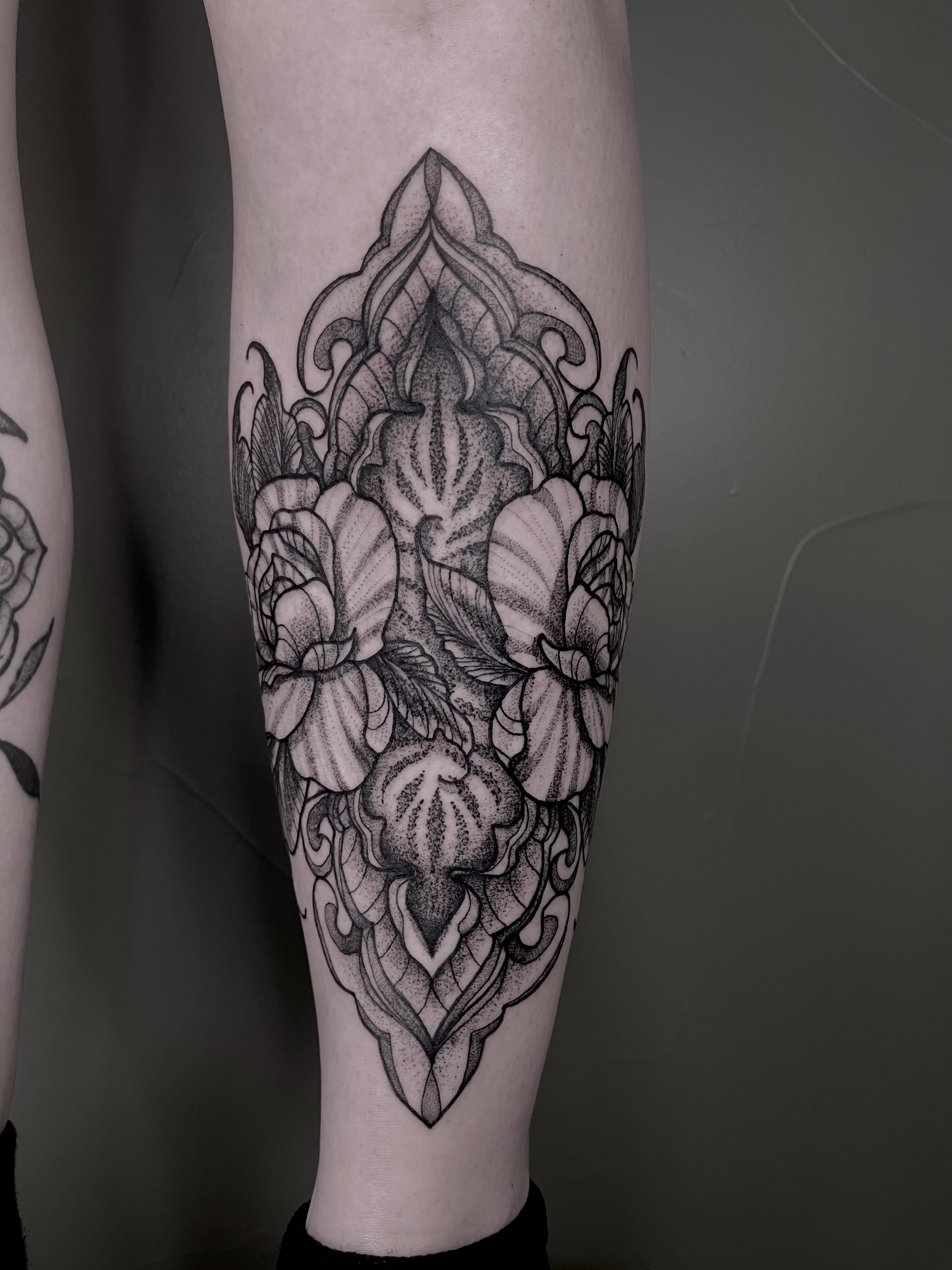 Tattoo by @bumbleknee_tattoos — dotwork, black_and_grey