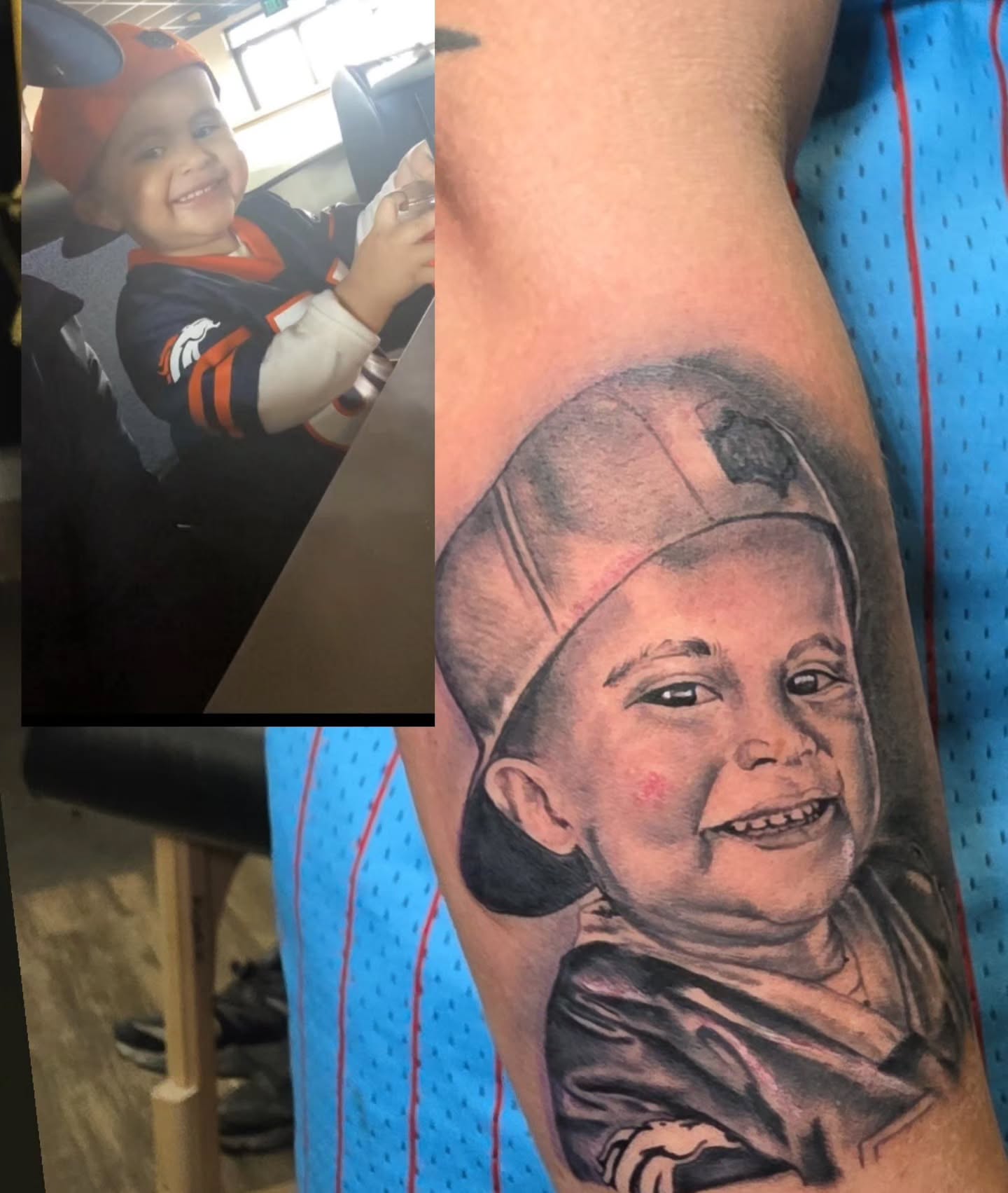 Child smiling realism tattoo on the forearm by komik tattoos