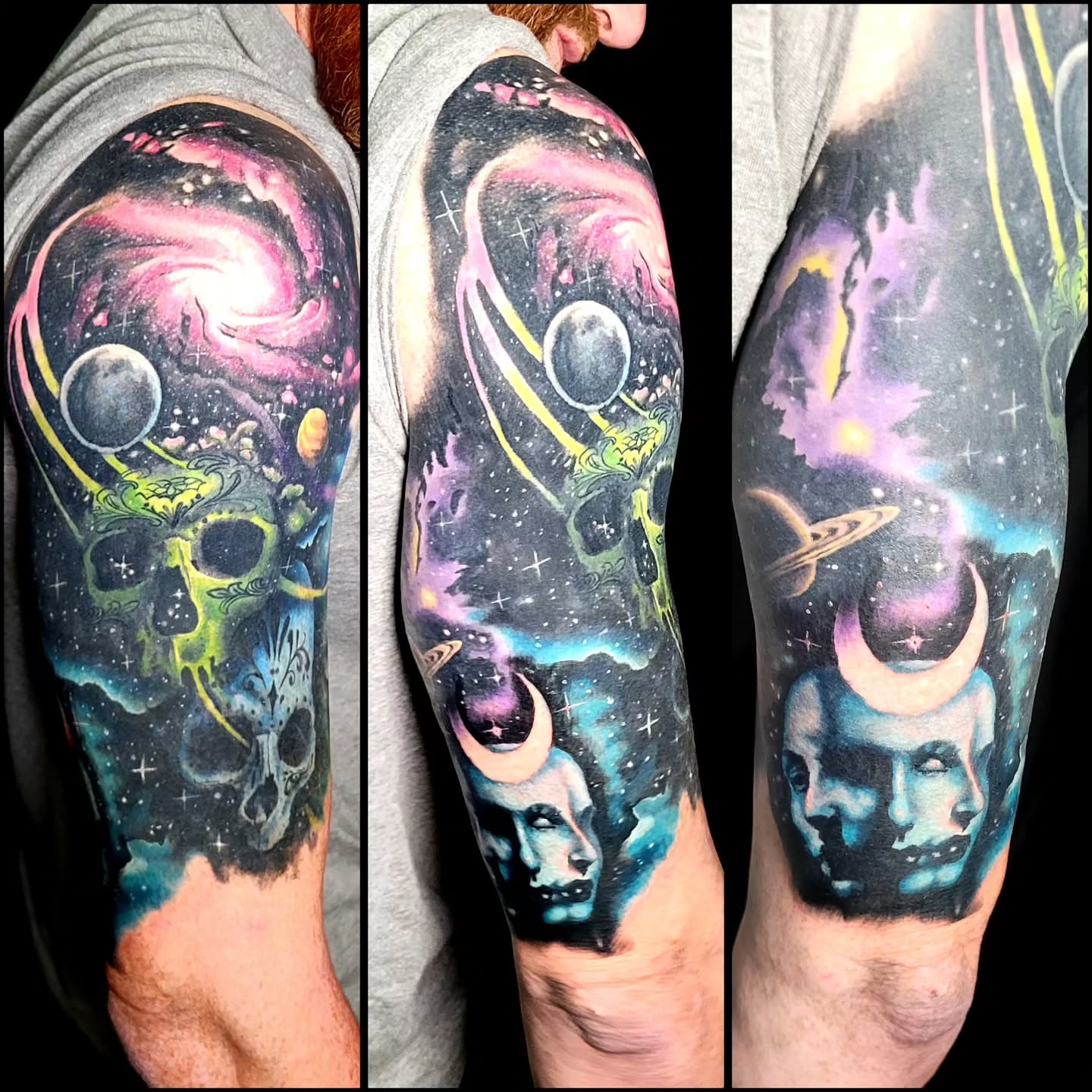 Galactic space surrealism tattoo on the forearm by Jentrey McCausland