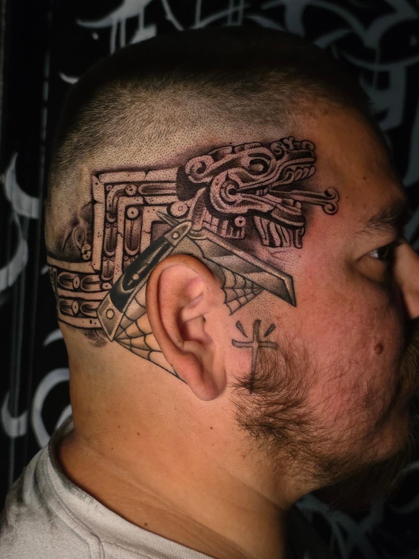 Mechanical dragon dotwork tattoo on the head by Tattoo Seez, Wichita, Kansas