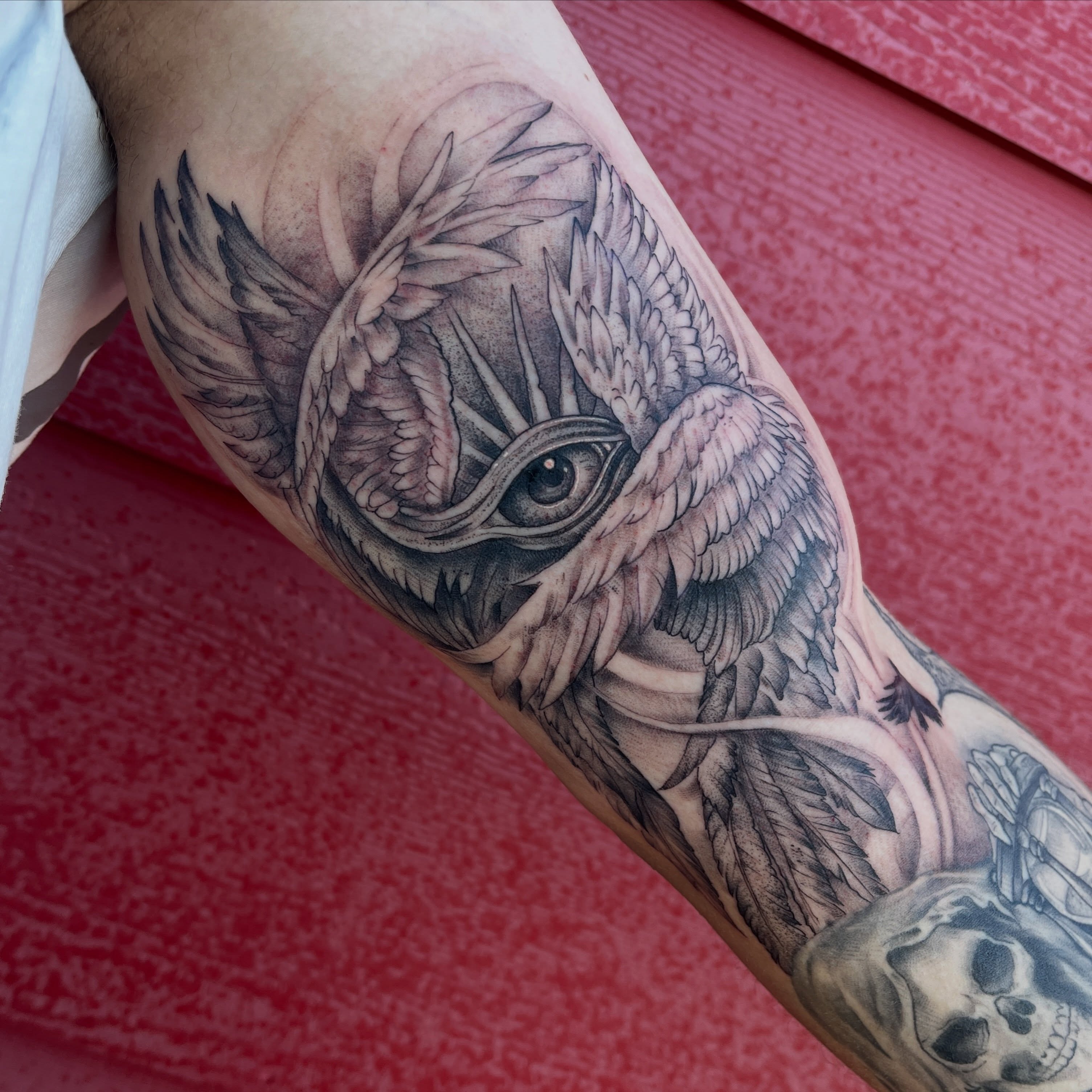 Owl realism tattoo on the forearm by Timmy