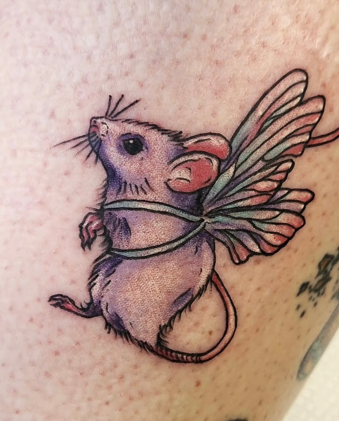 Fairy mouse dotwork tattoo on the forearm by Heather