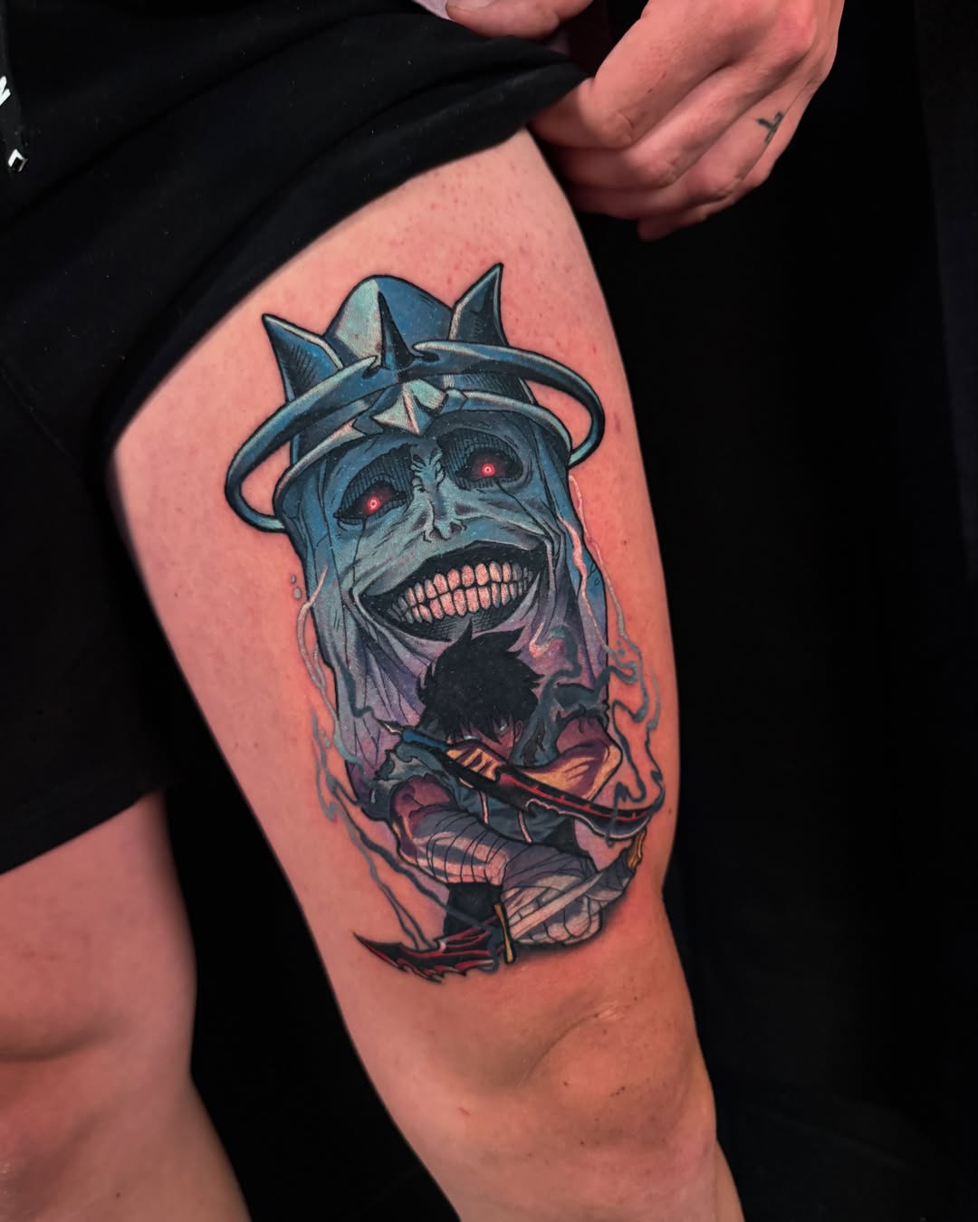 Statue-like figure dark realism tattoo on the thigh by Jade Lewis