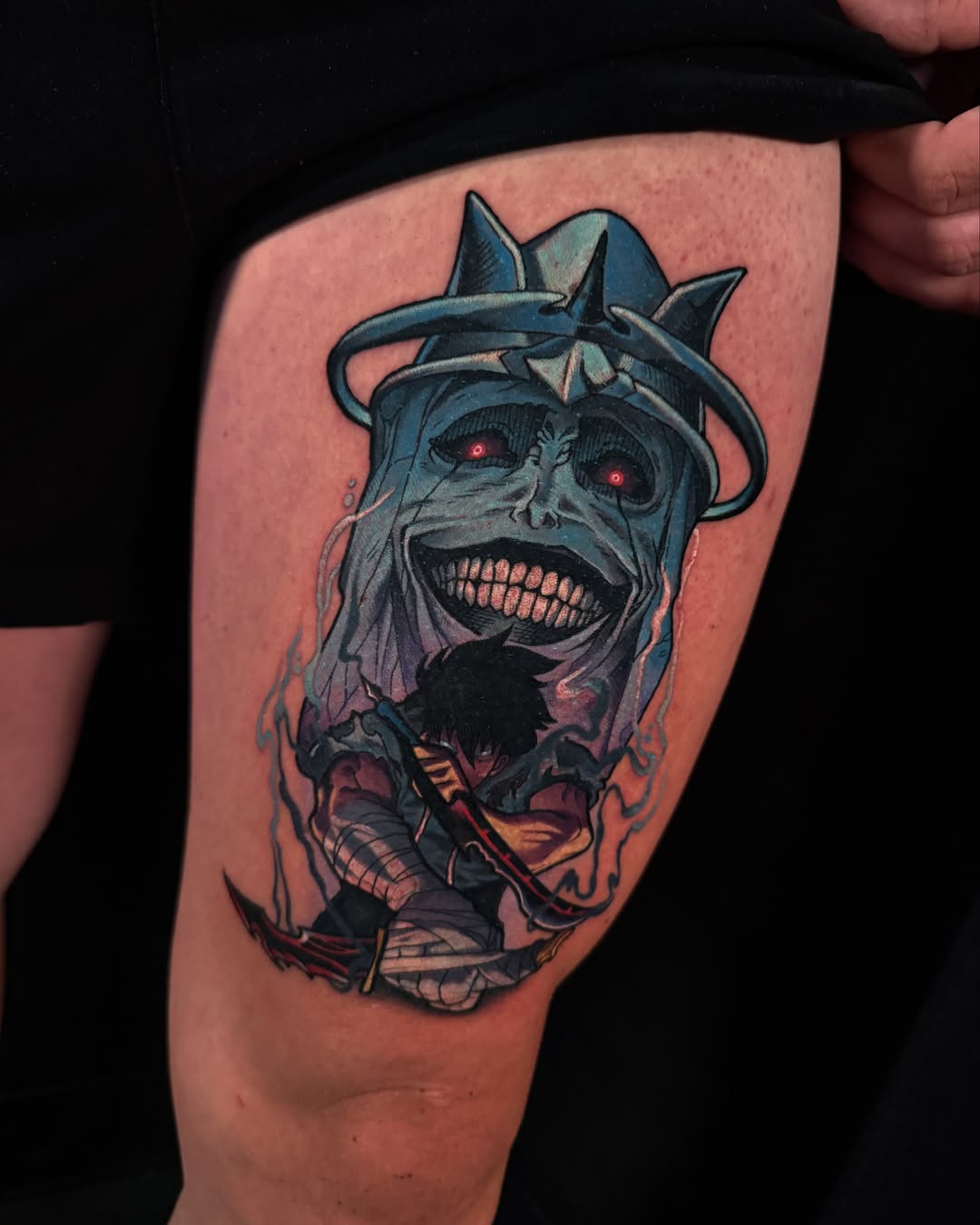 Demon dark realism tattoo on the thigh by Jade Lewis