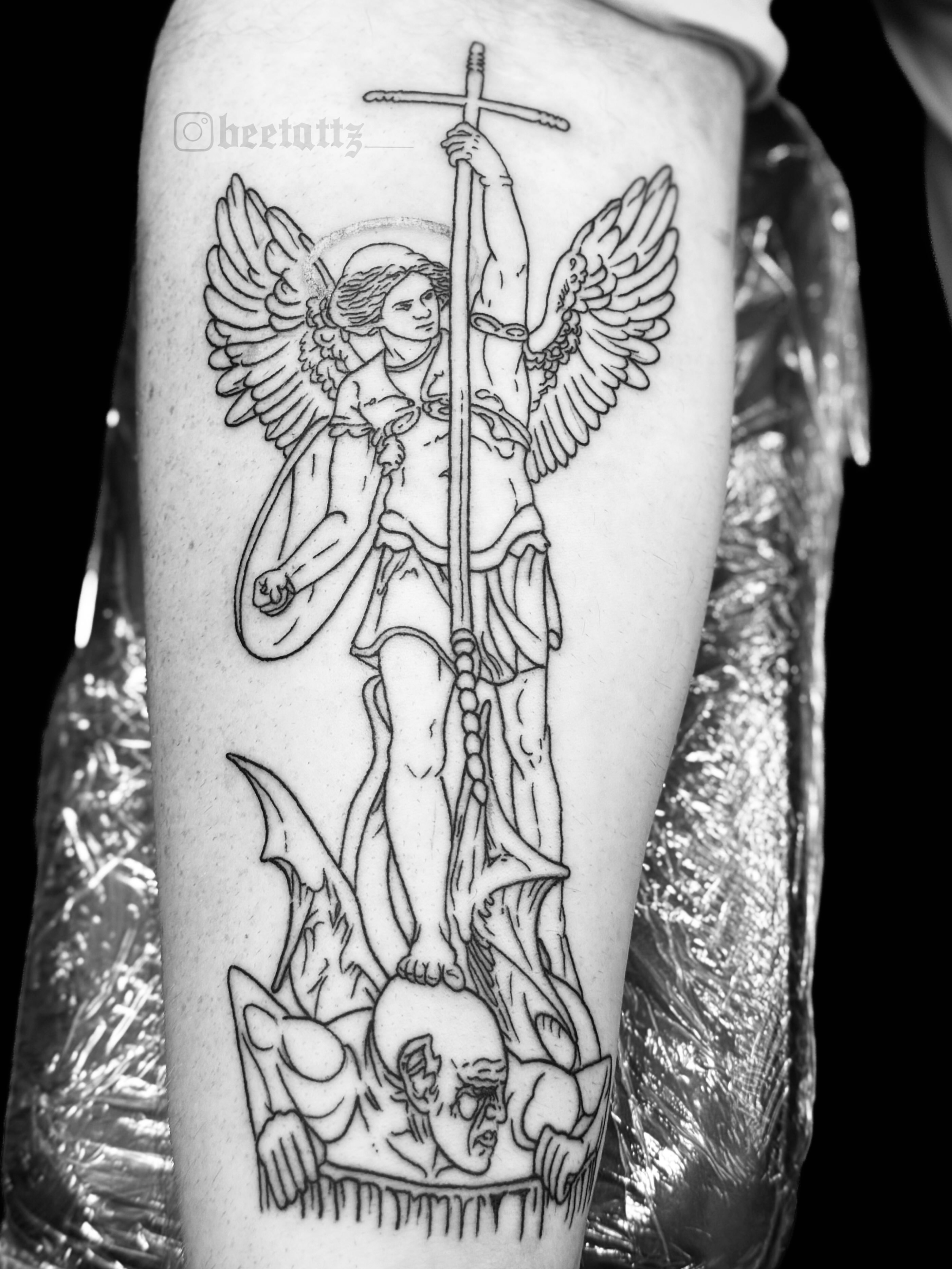 St. michael the archangel black and grey tattoo on the forearm by Brinkley McGill