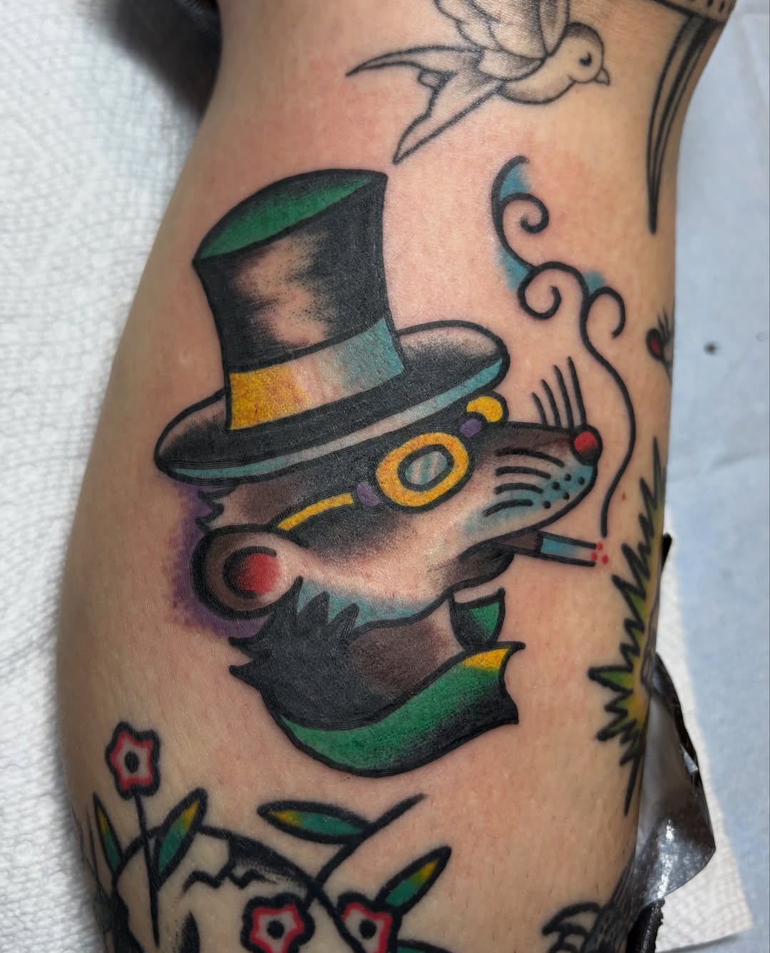 Badger wearing top hat American traditional tattoo on the forearm by Jake Herbert, Knoxville, Tennessee
