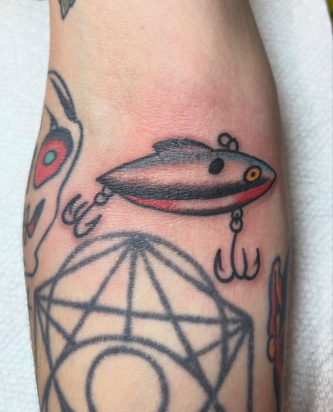 Fishing lure American traditional tattoo on the forearm by Jake Herbert, Knoxville, Tennessee
