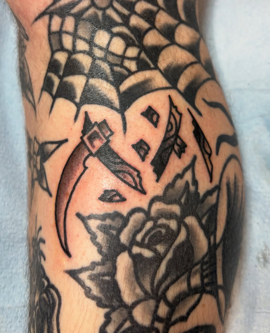 Rose and spiderweb American traditional tattoo on the forearm by Jake Herbert, Knoxville, Tennessee