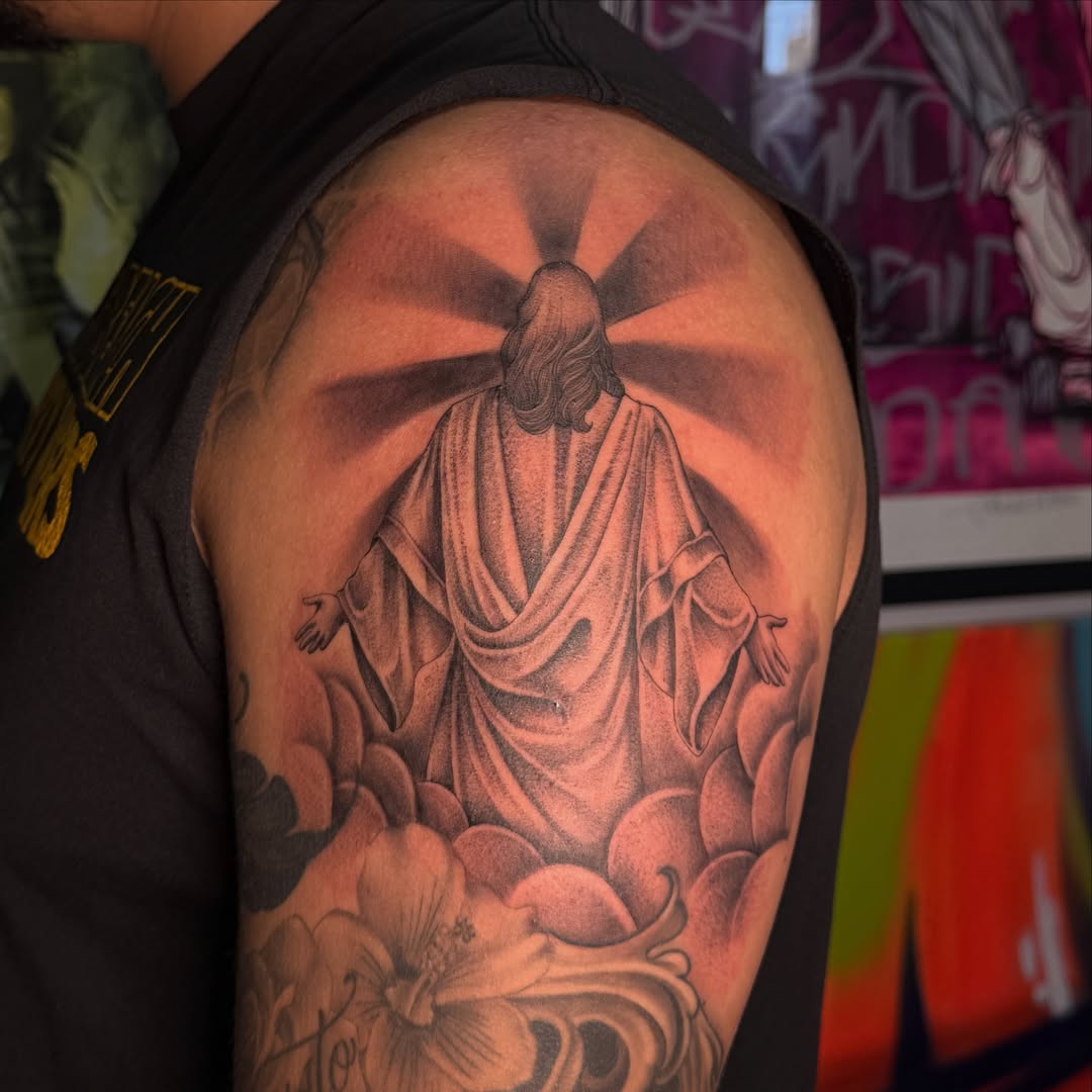 Religious figure realism tattoo on the shoulder by H e I D I