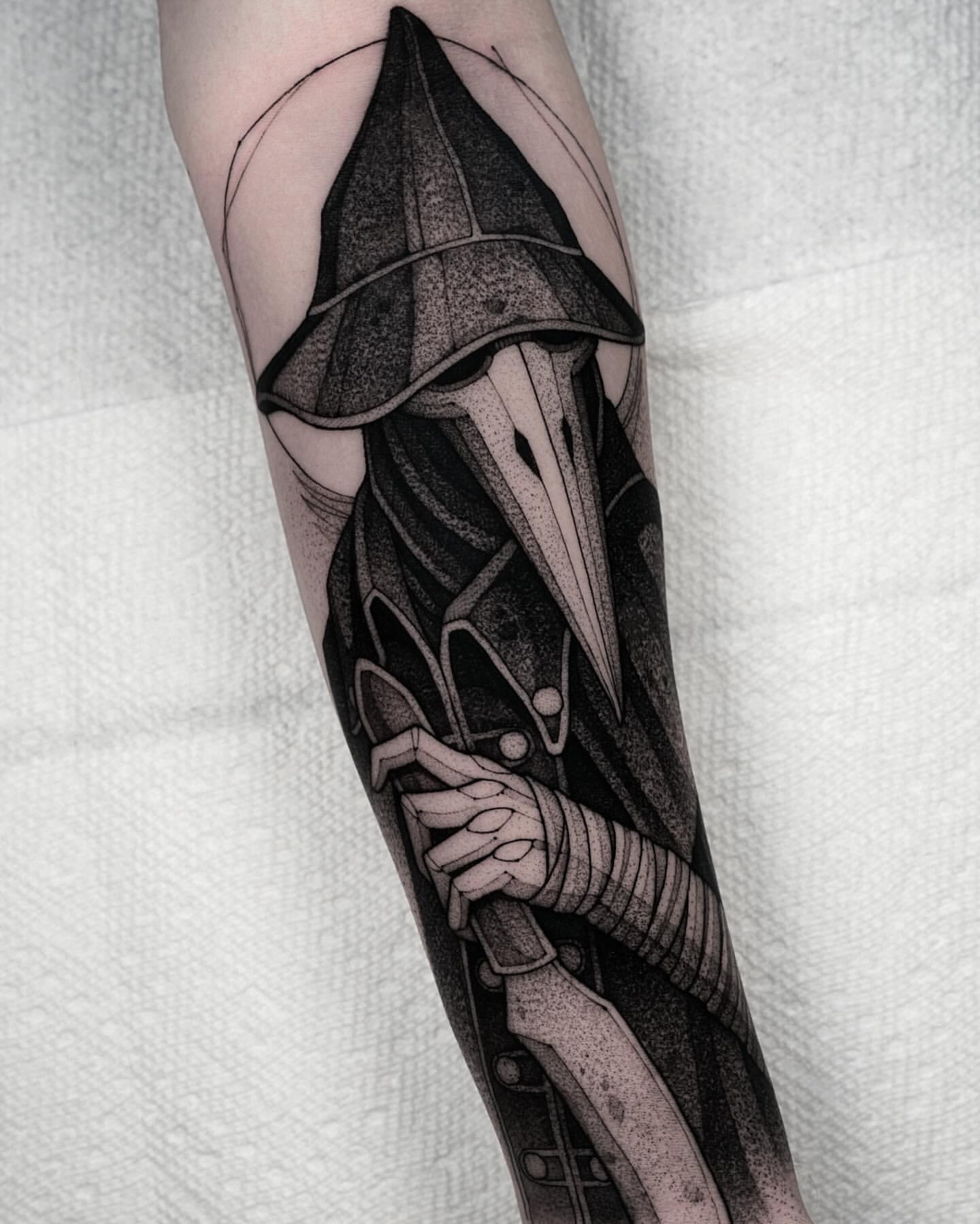 Skeleton hand holding dagger dotwork tattoo on the forearm by Max LaCroix
