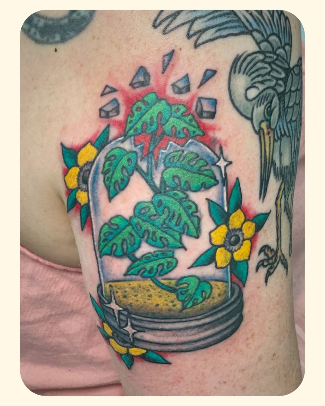 Terrarium new school tattoo on the upper arm by 𝐒𝐚𝐦𝐬𝐨𝐧𝐋𝐚𝐳𝐚𝐫𝐭𝐞
