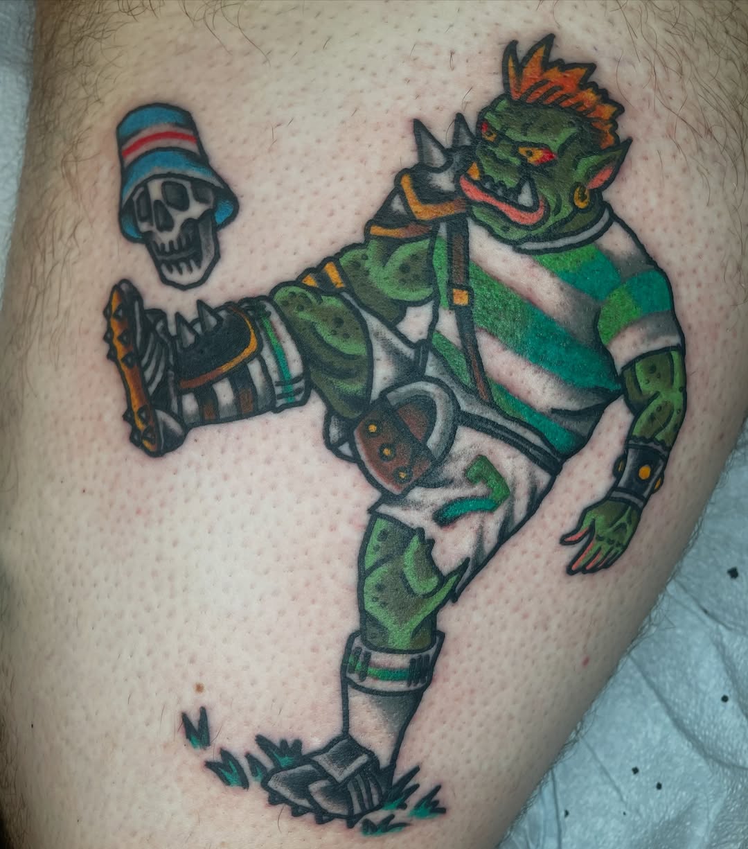 Football player new school tattoo on the thigh by Francis Kane