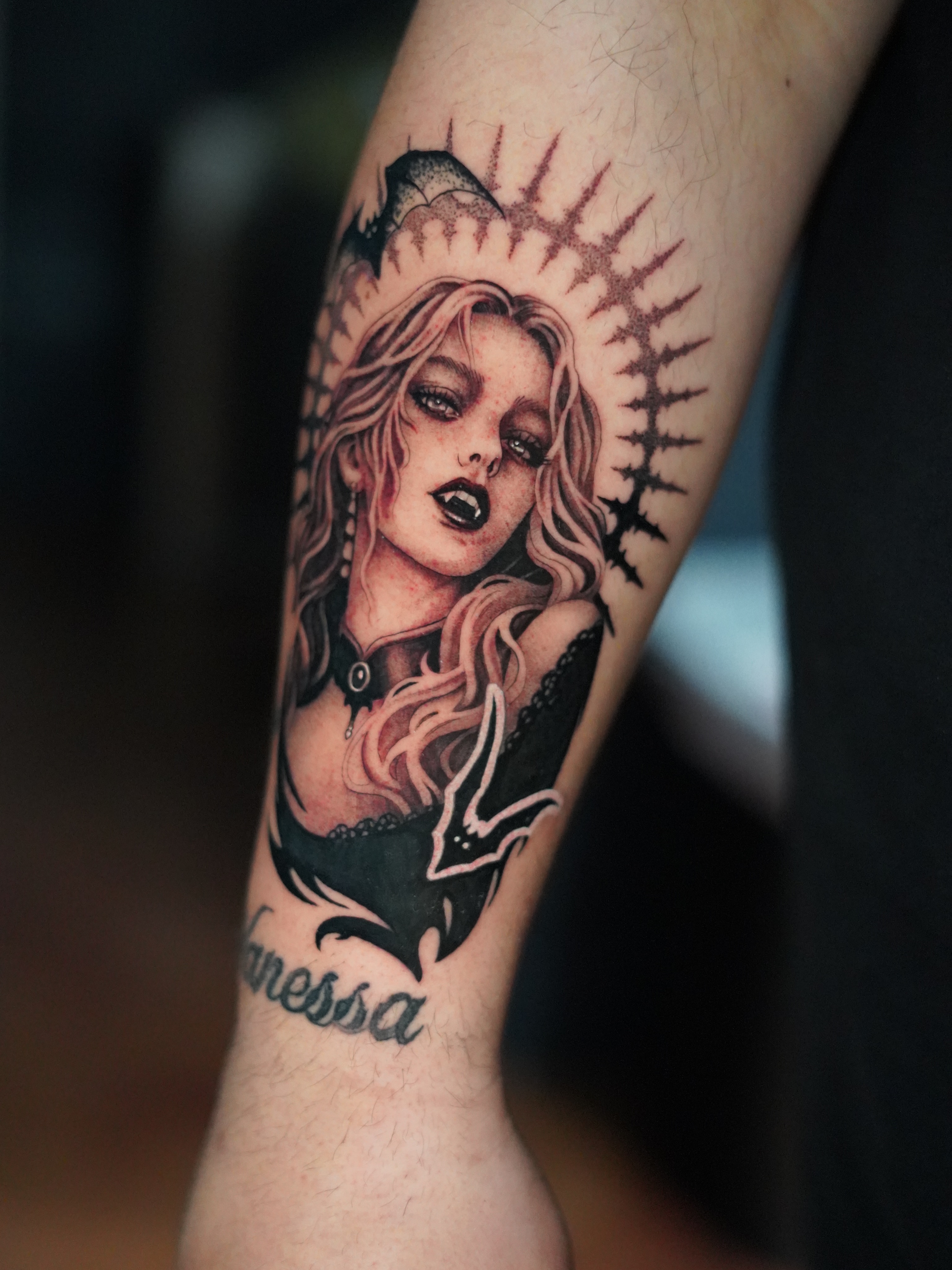 Woman with crown realism tattoo on the forearm by Julio Ferrer