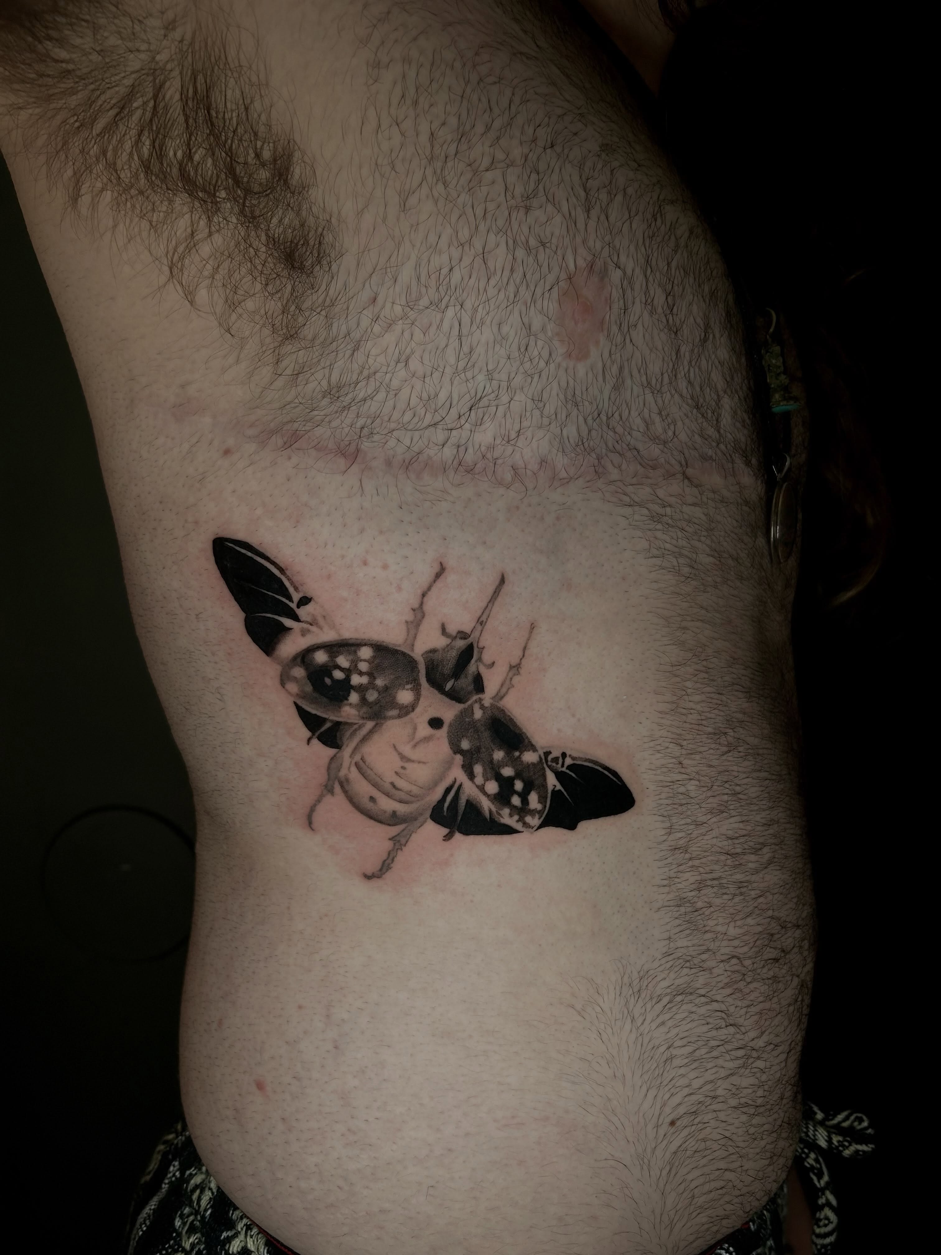 Beetles realism tattoo on the ribs by KB