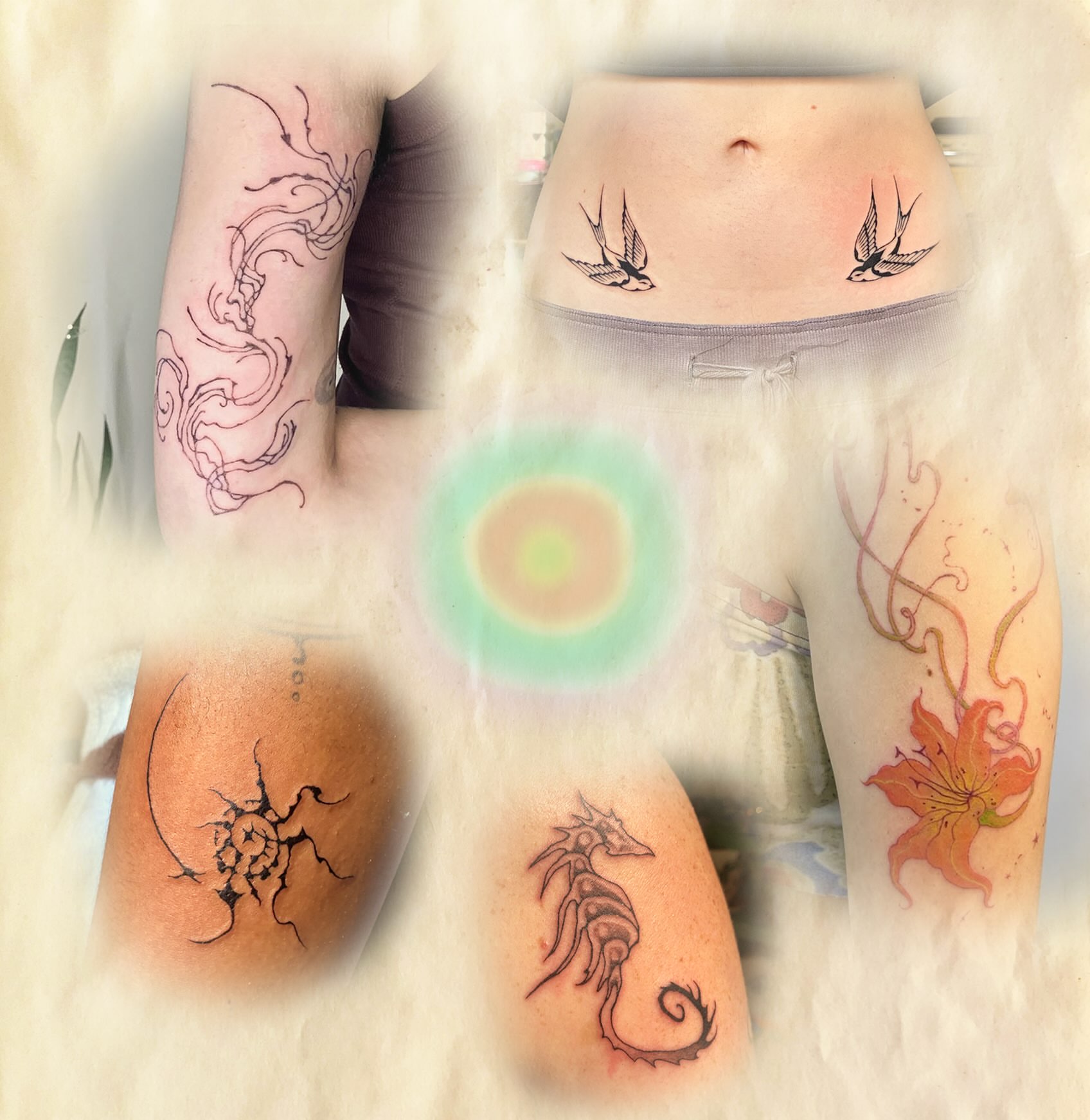 Abstract floral new school tattoo on the thigh by thalia