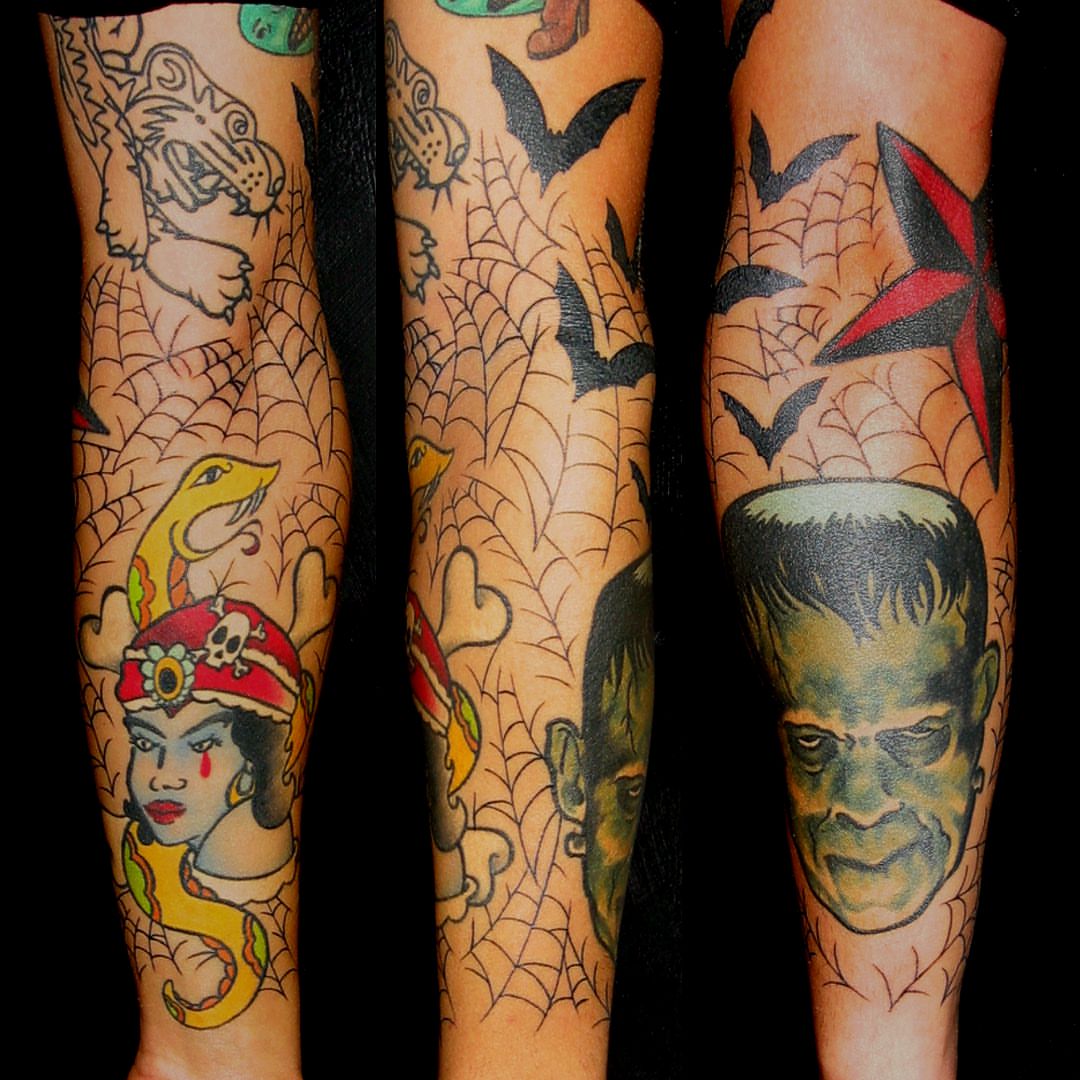 Frankenstein's monster American traditional tattoo on the forearm by Dave Chercourt, Willoughby, Ohio