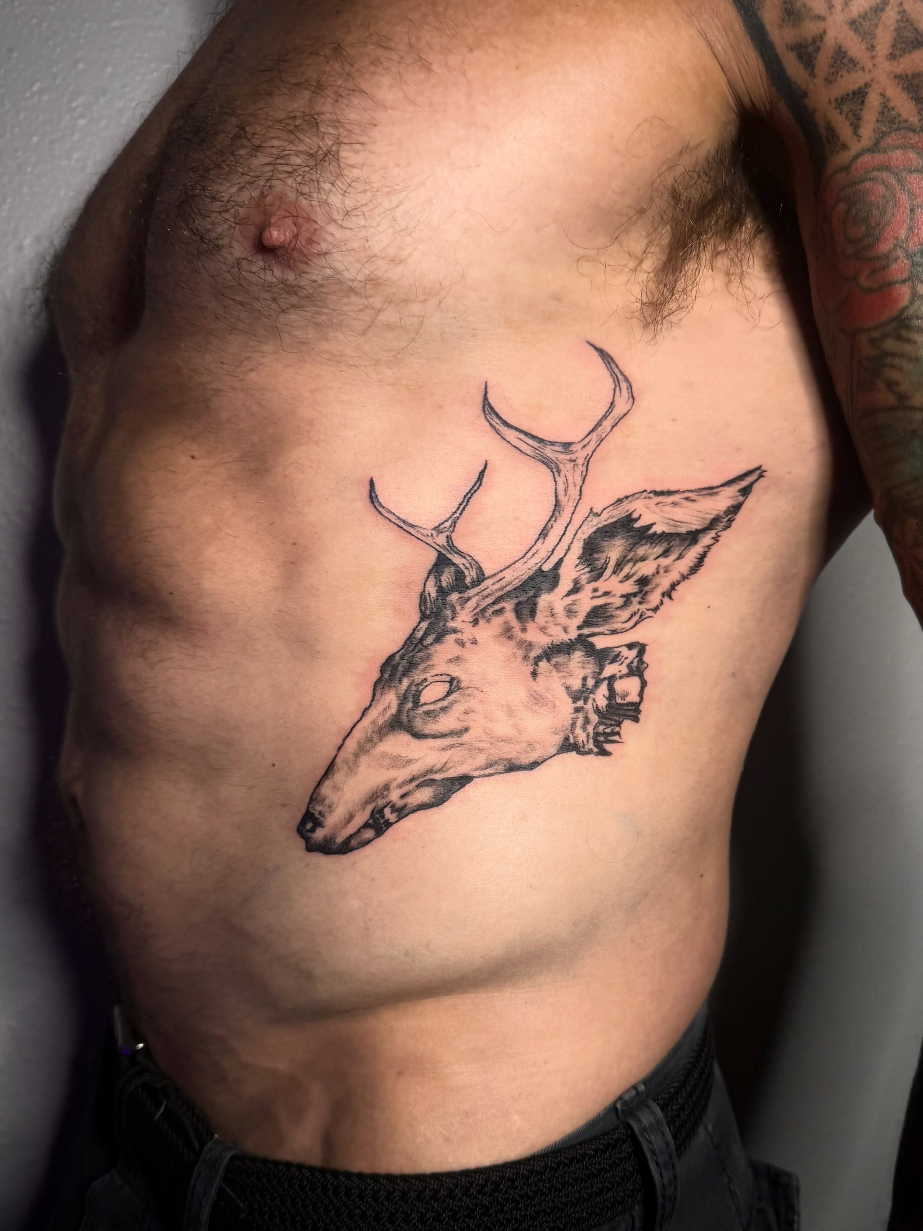 Deer head realism tattoo on the chest by Cullen-Lee