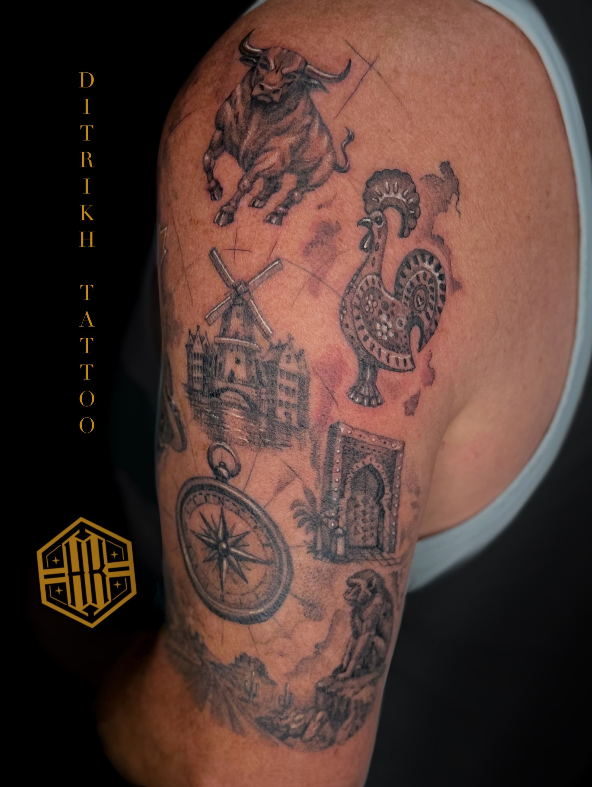 Bull, rooster, windmill, compass, building, door black and grey tattoo on the forearm by KET, Calgary, Alberta