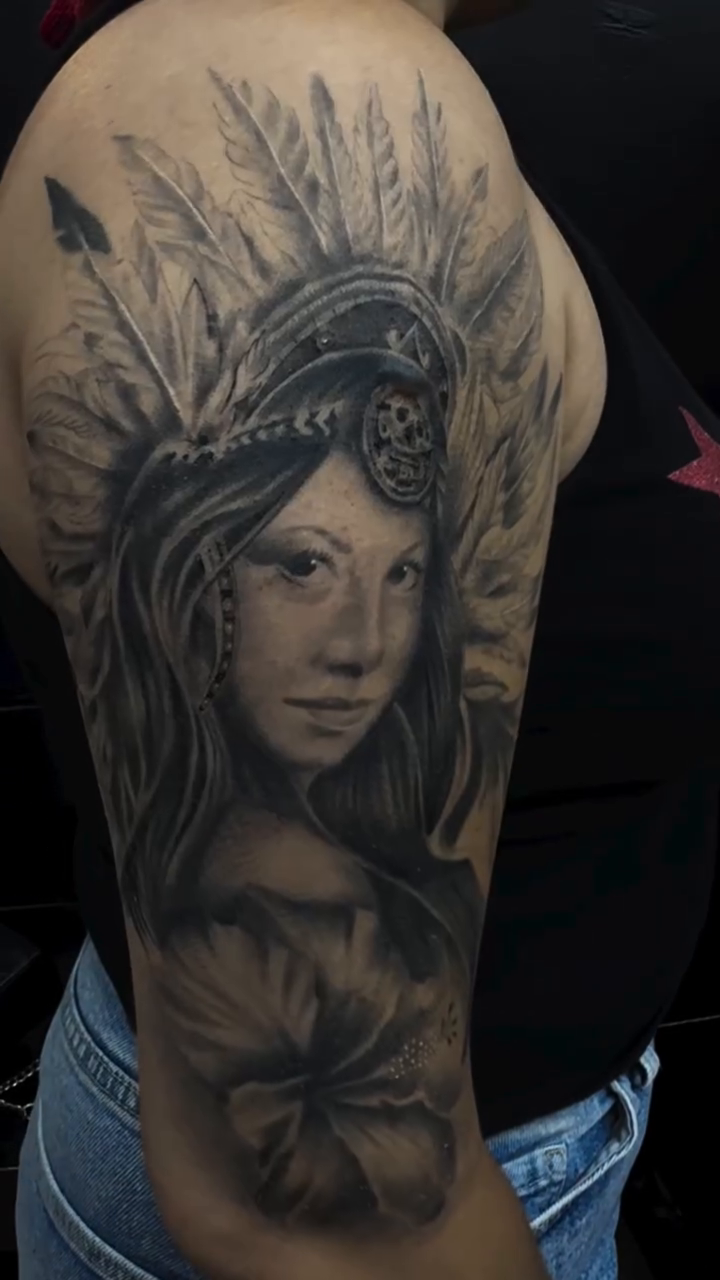 Woman with headdress realism tattoo by πΎππππππππ