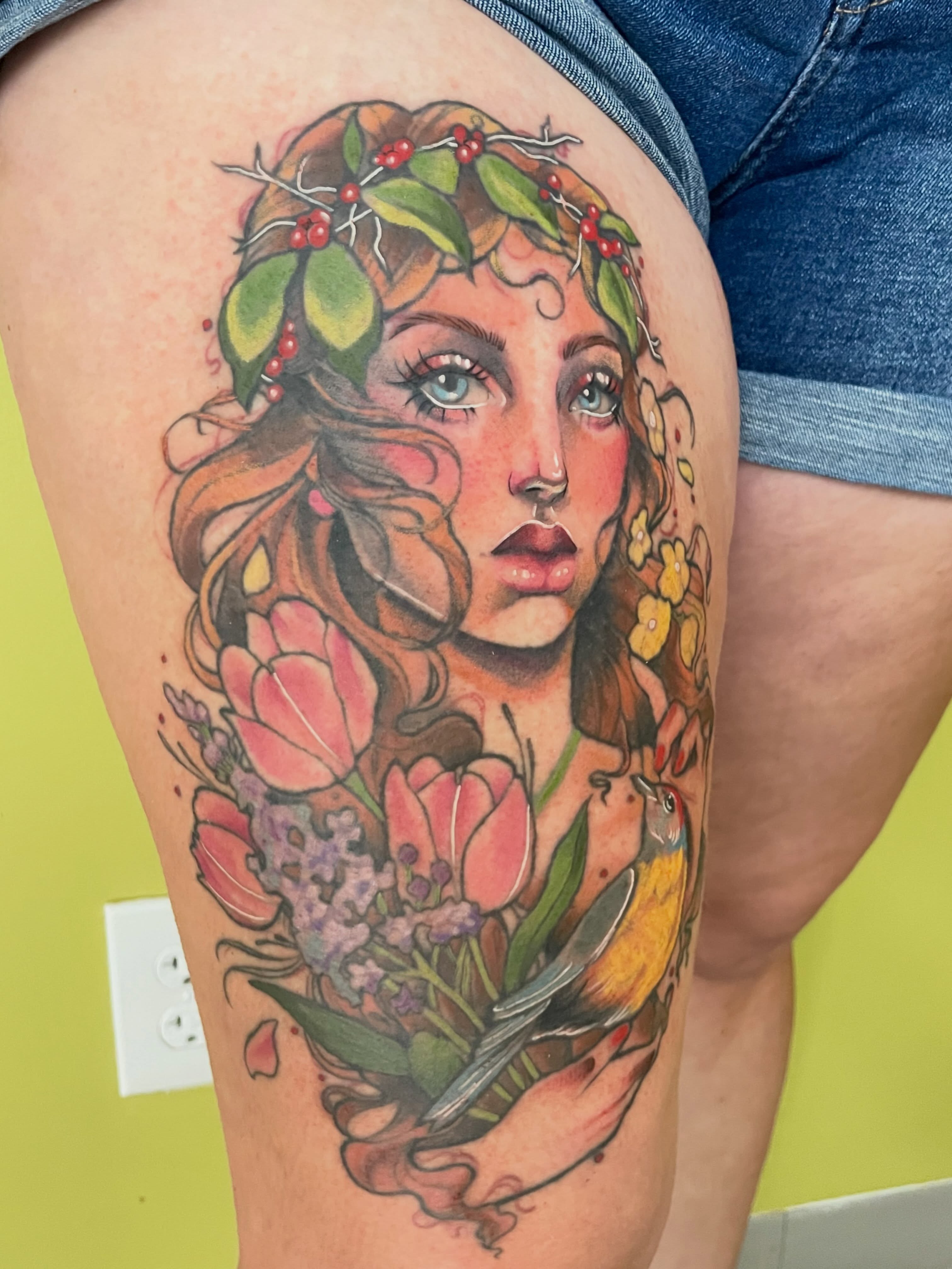 Floral portrait realism tattoo on the thigh by ✨Erin Haines✨