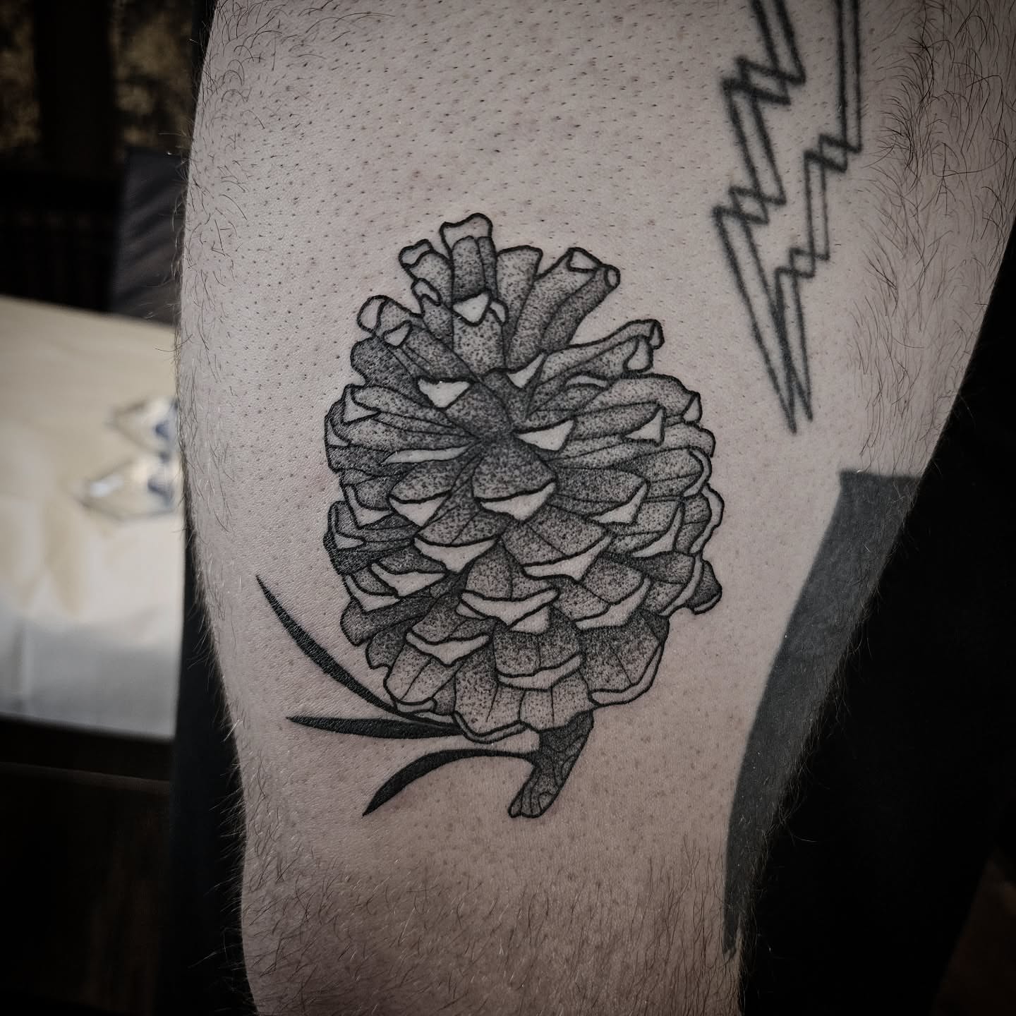 Pinecone dotwork tattoo on the thigh by Kirk George