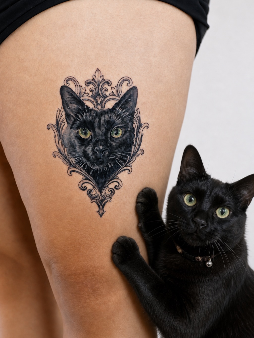 Cat realism tattoo on the thigh by Adam_Zhiwei Xu(Tattooist)