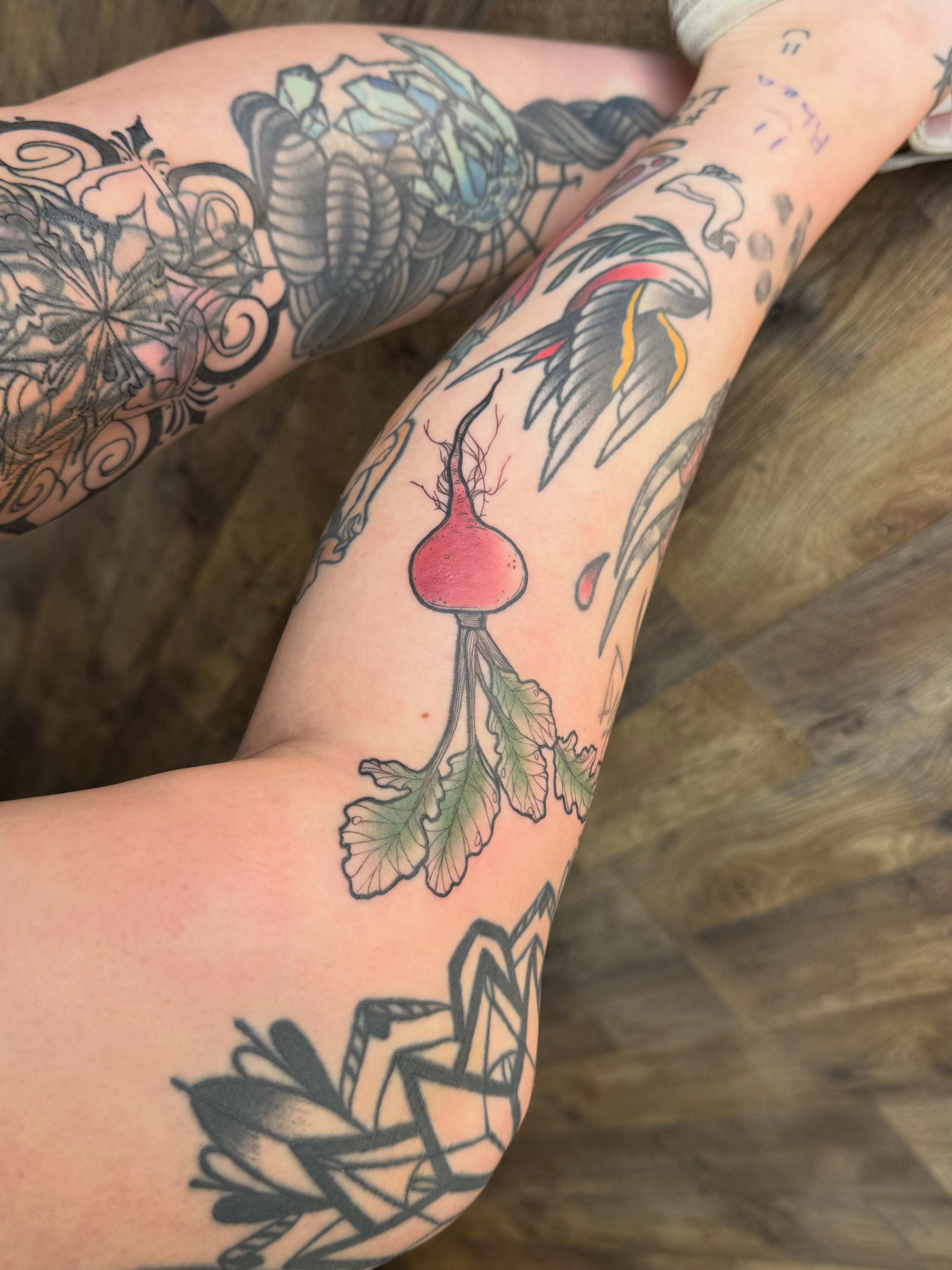 Beetroot American traditional tattoo on the forearm by Waylen Foster