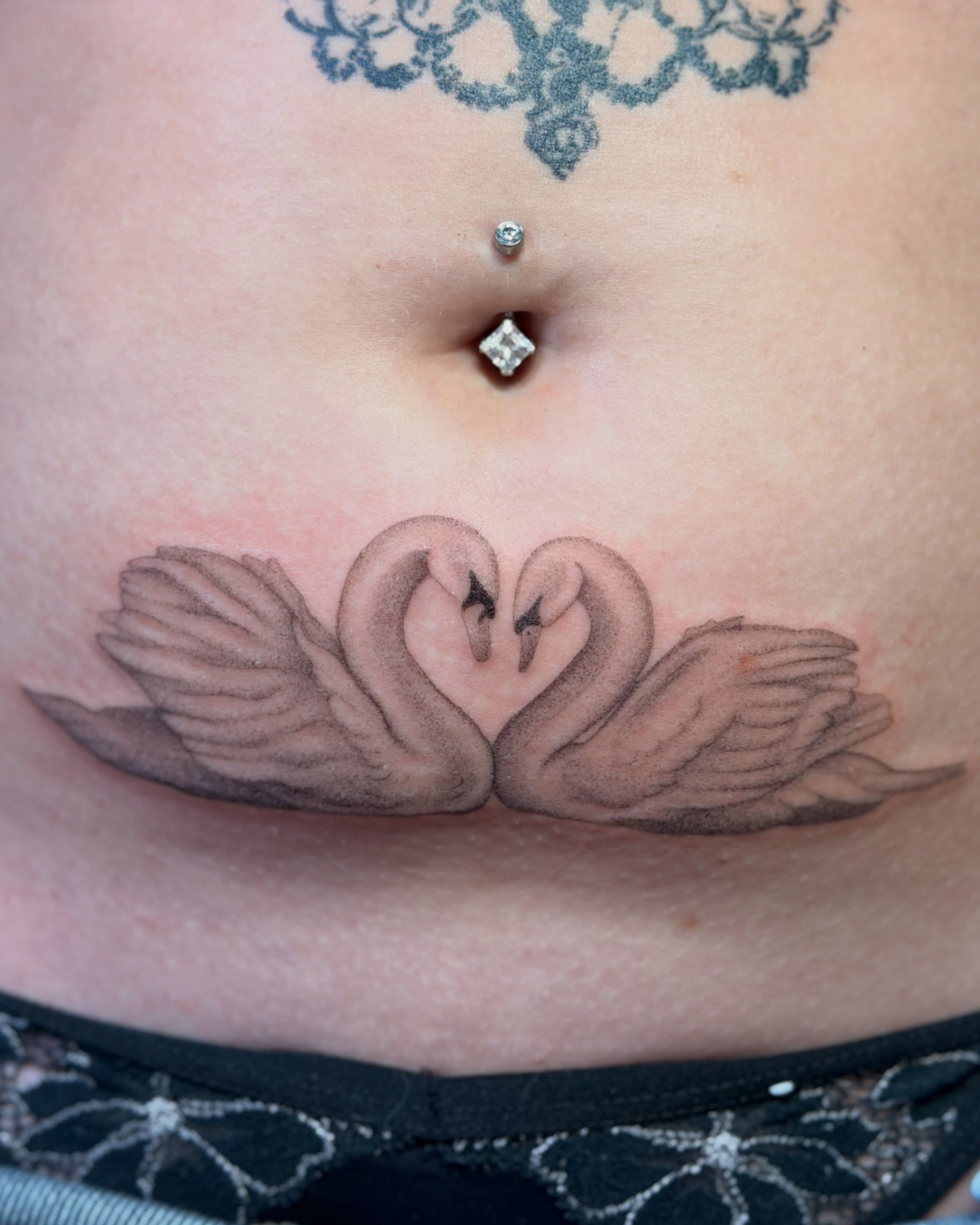 Swans black and grey tattoo on the torso by 🌼DaisyDaiz🕸️